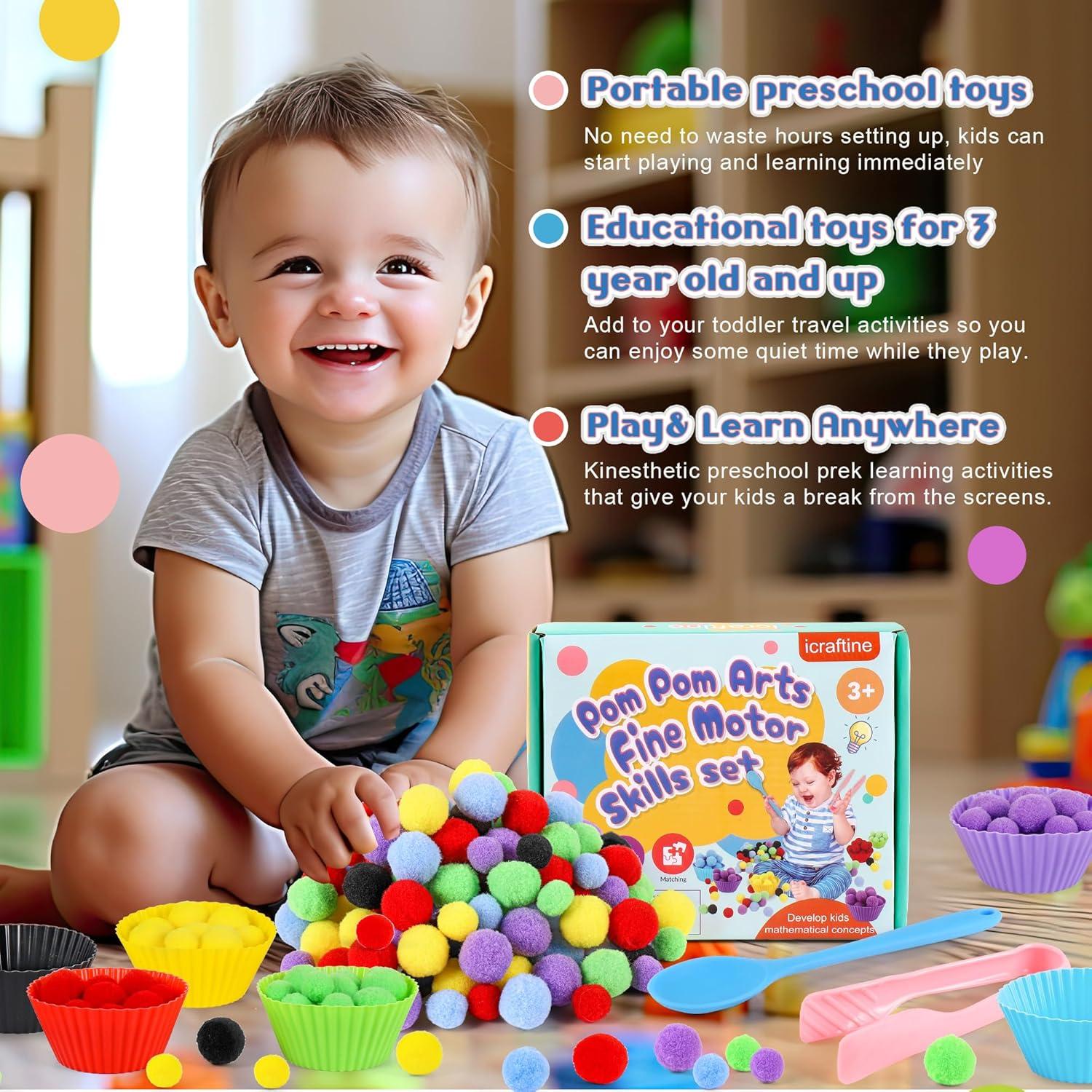 Juego de Habilidades Motoras Finas iCraftine 158 PCS Pompones