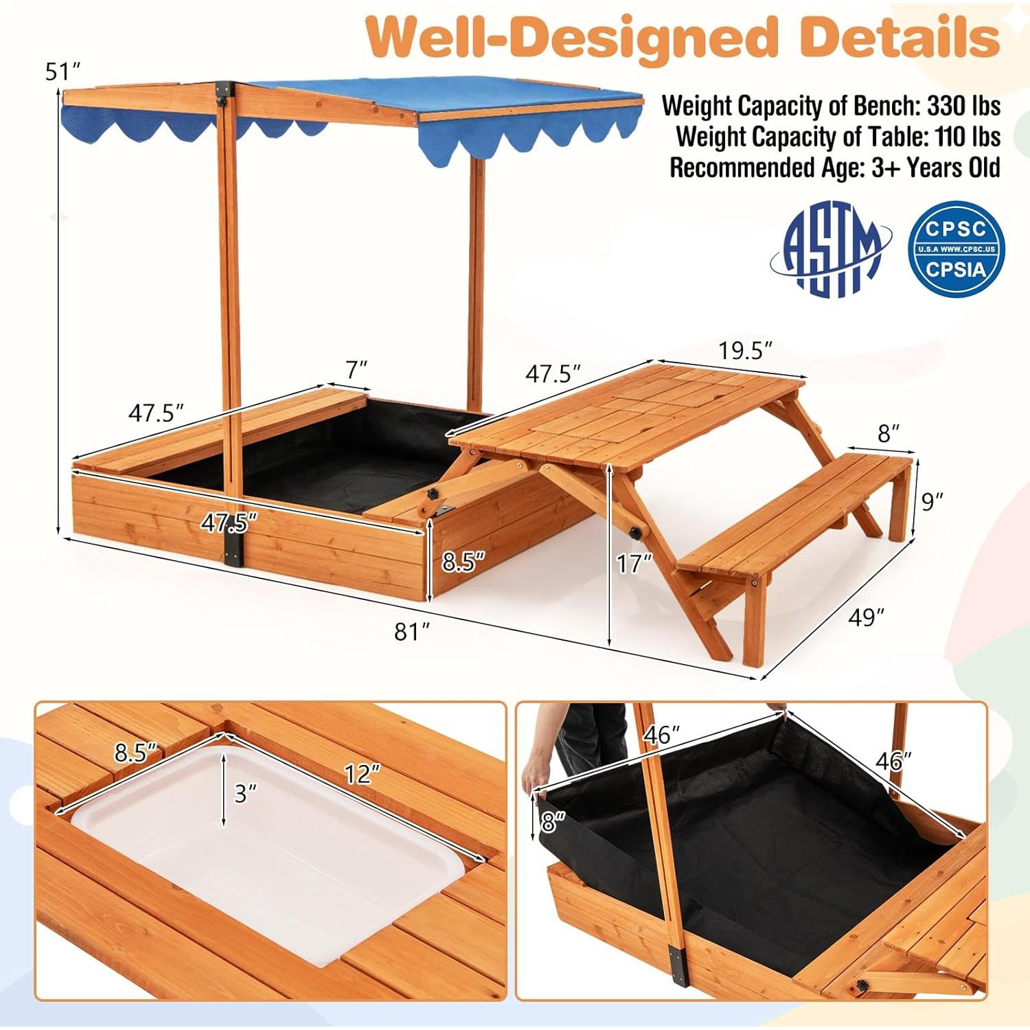 Caja de Arena de Madera Costzon 3 en 1 con Toldito Ajustable