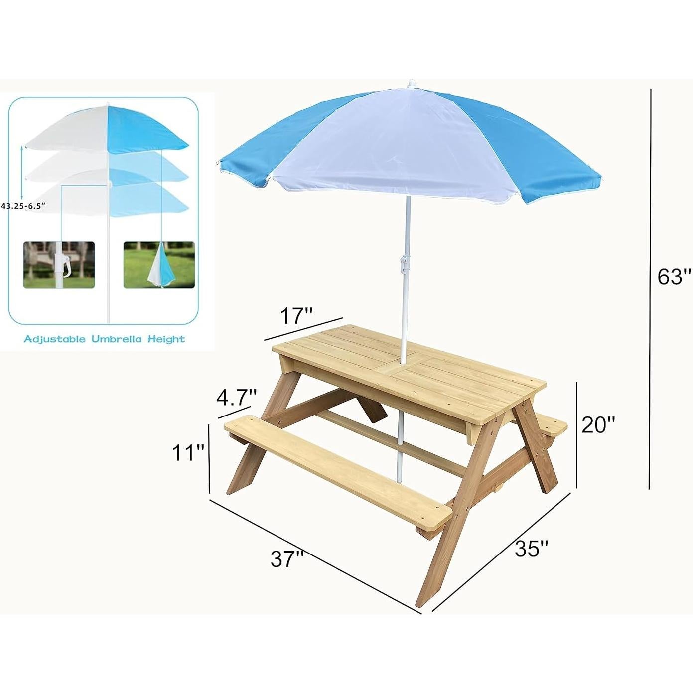 Mesa de Picnic 3 en 1 BTExpert Kids Madera 94x89 cm con Sombrilla