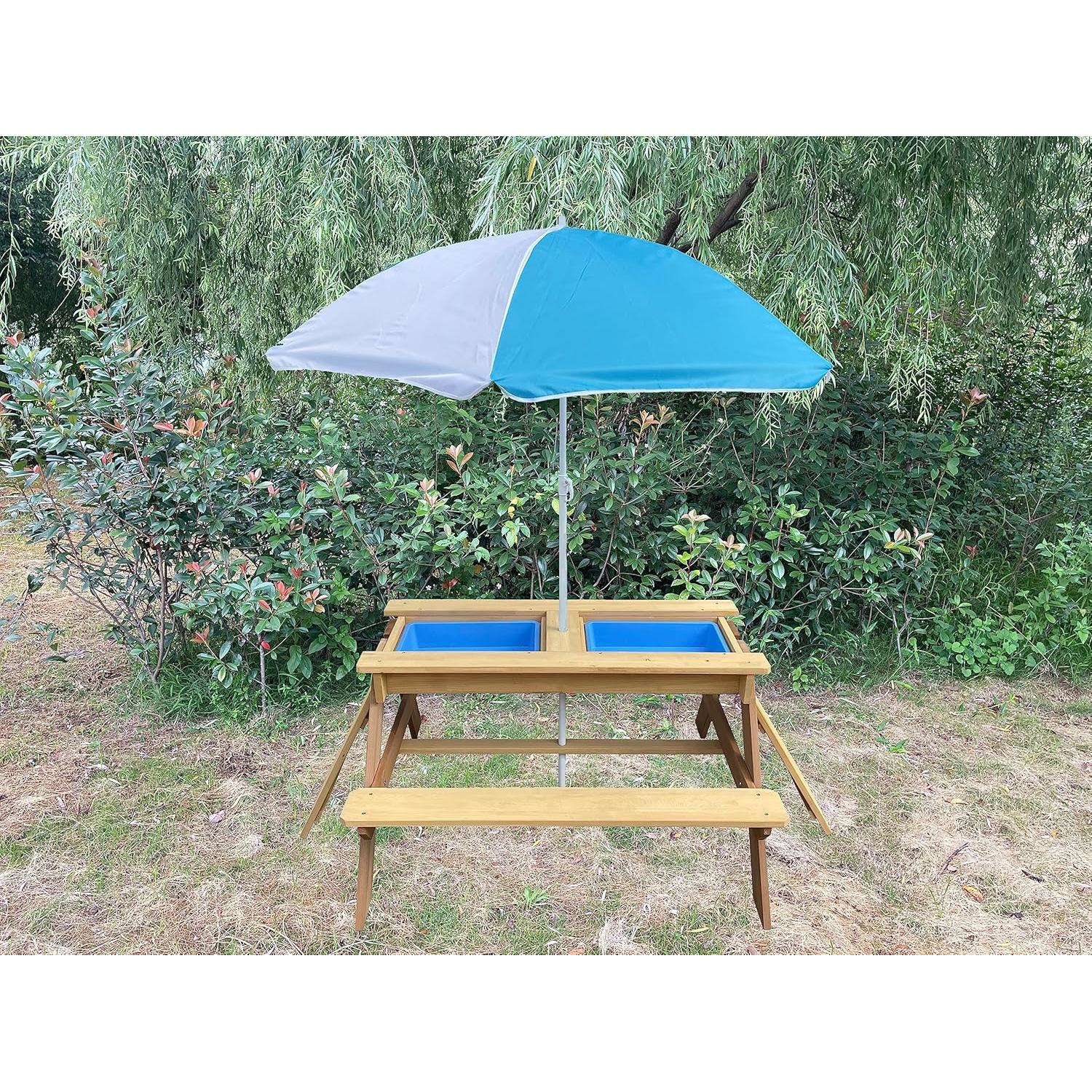 Mesa de Picnic 3 en 1 BTExpert Kids Madera 94x89 cm con Sombrilla