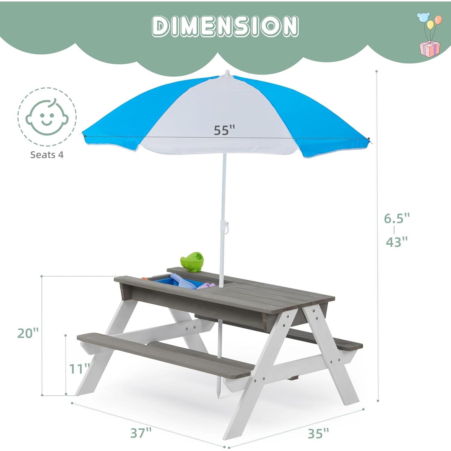 Mesa de Arena y Agua Mederra 94x94 cm para Niños con Paraguas
