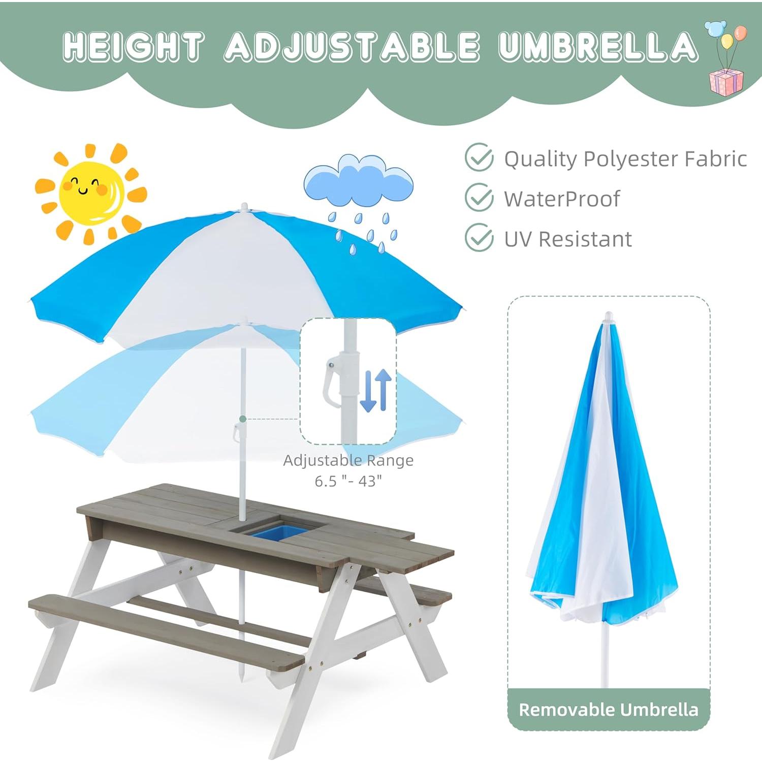 Mesa de Arena y Agua Mederra 94x94 cm para Niños con Paraguas