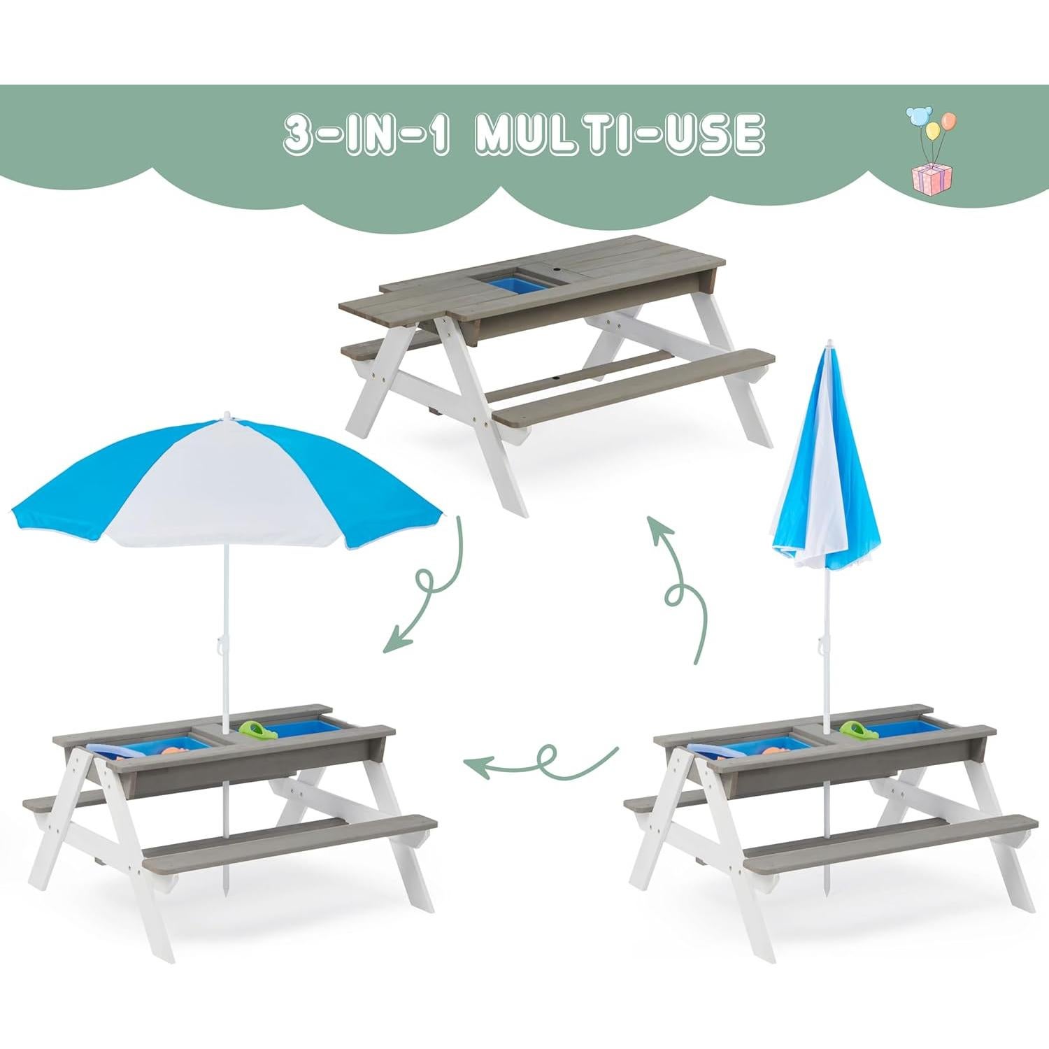 Mesa de Arena y Agua Mederra 94x94 cm para Niños con Paraguas