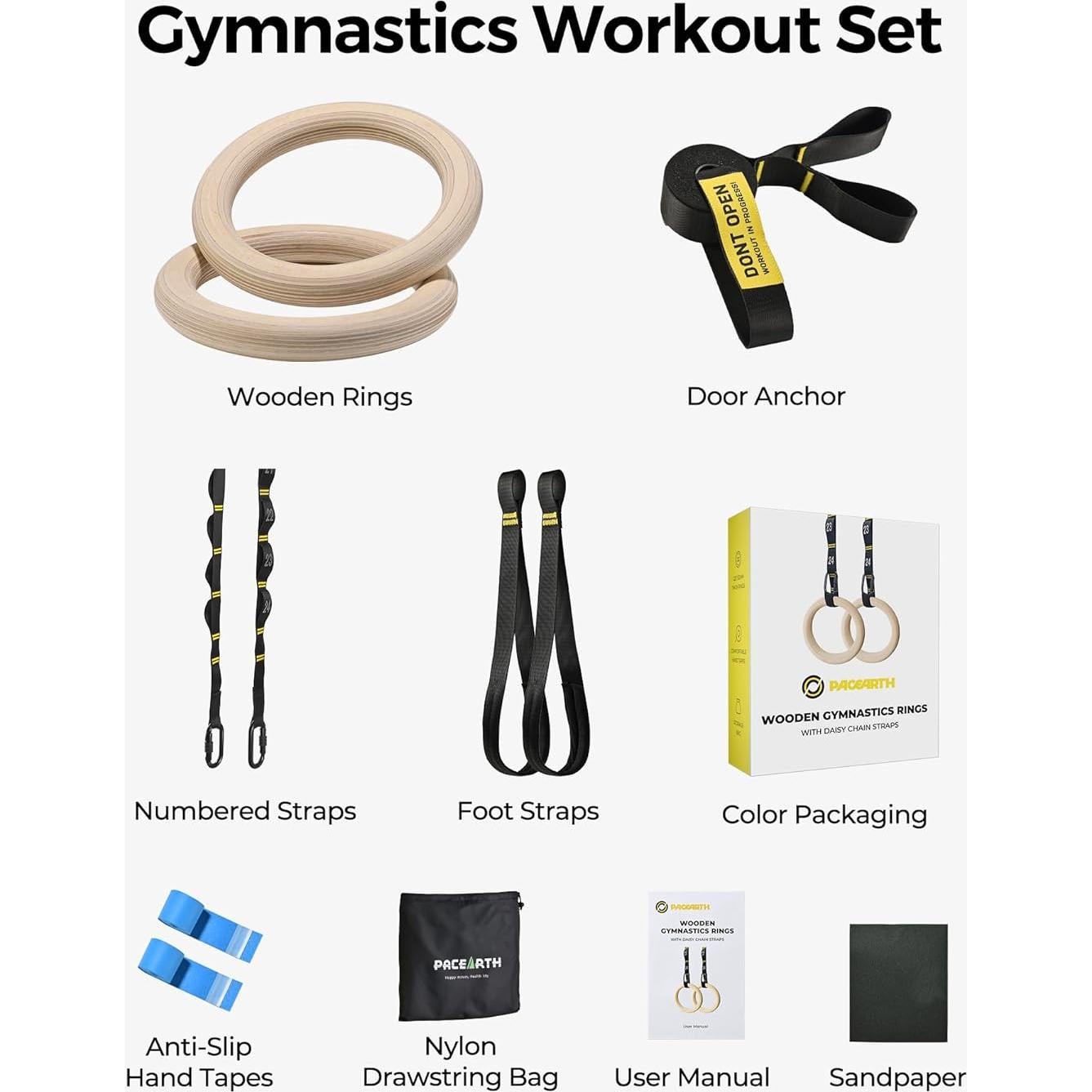 Anillas de Gimnasia de Madera PACEARTH 32mm 680kg con Cadenas