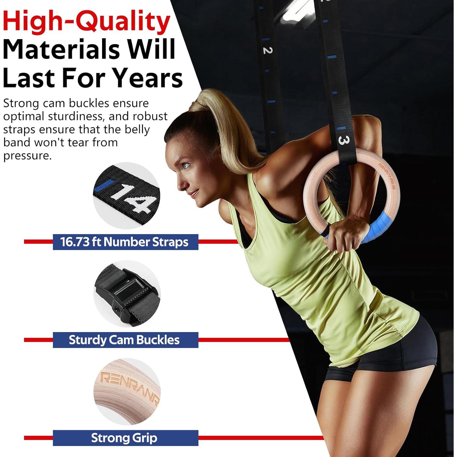 Anillas de Gimnasia de Madera RENRANRING 32mm con Correas Ajustables