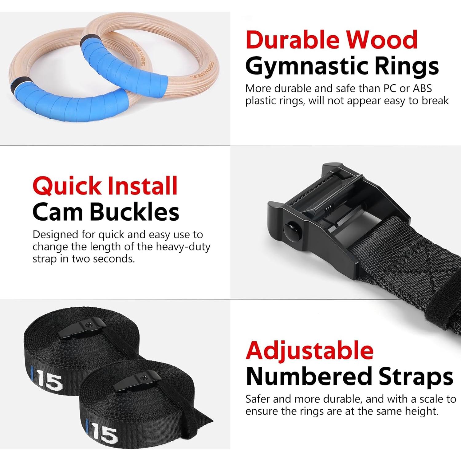 Anillas de Gimnasia de Madera RENRANRING 32mm con Correas Ajustables