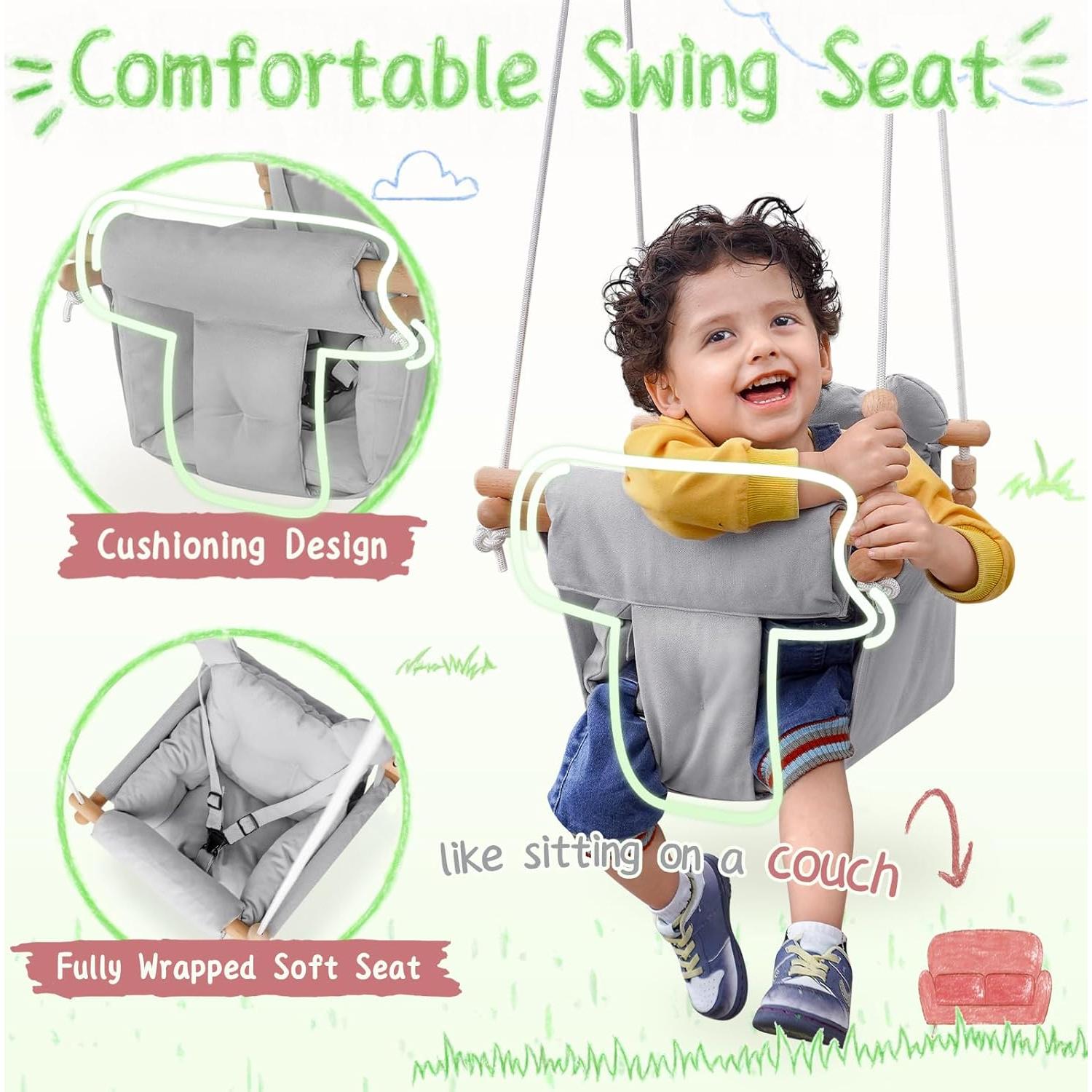 Columpio para Bebés Happypie de Madera y Lona Gris 0-3 Años