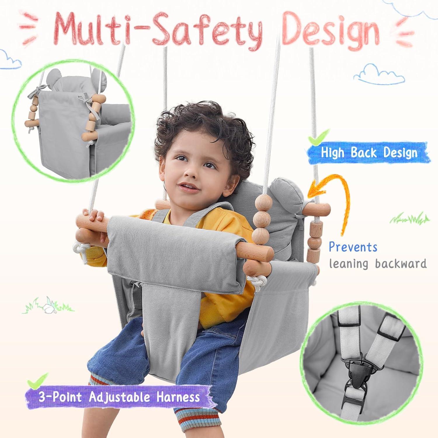 Columpio para Bebés Happypie de Madera y Lona Gris 0-3 Años