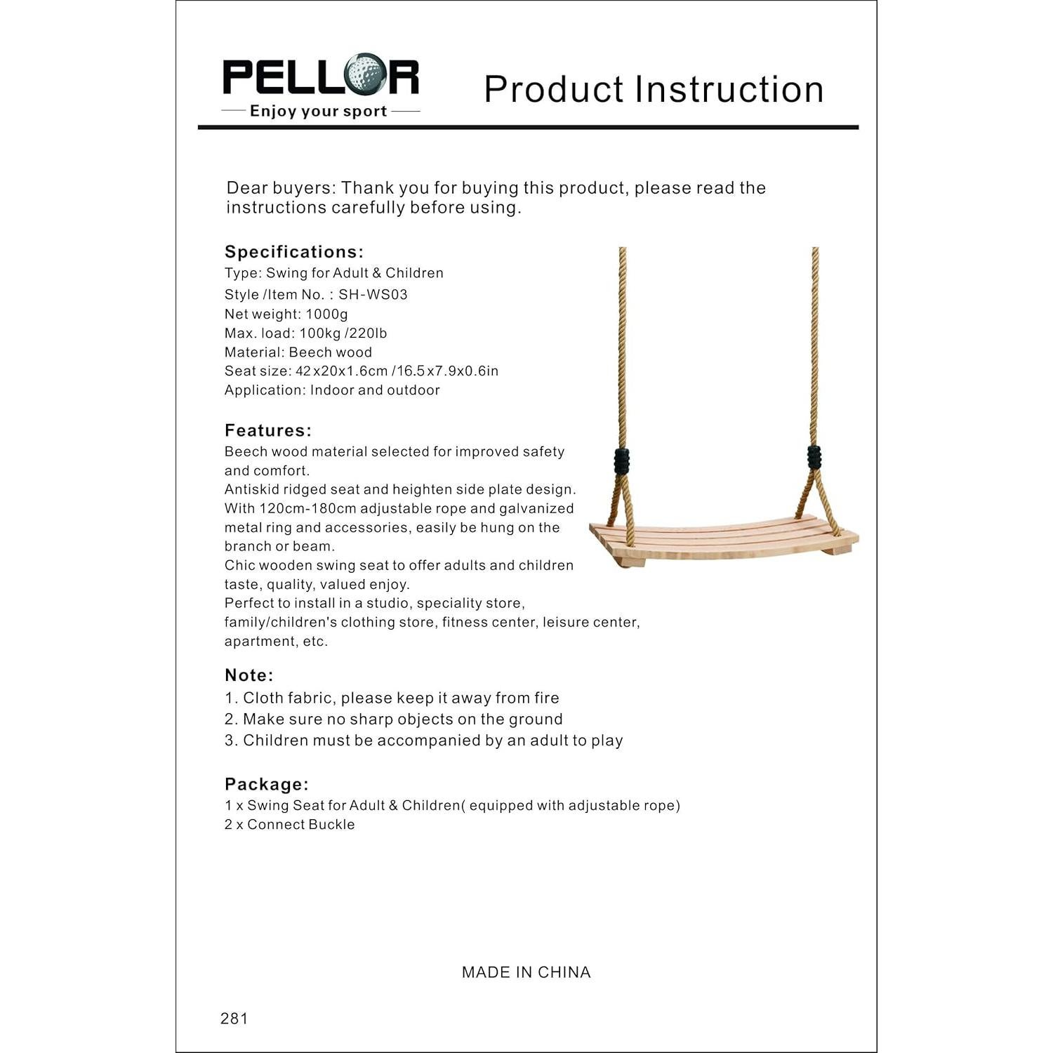 Asiento de Columpio de Madera PELLOR 42x20 cm Cuerda Ajustable