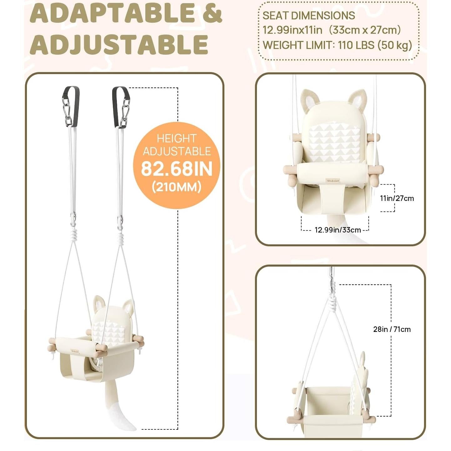 Columpio de Bebé de Madera Beige con Cinturón de Seguridad