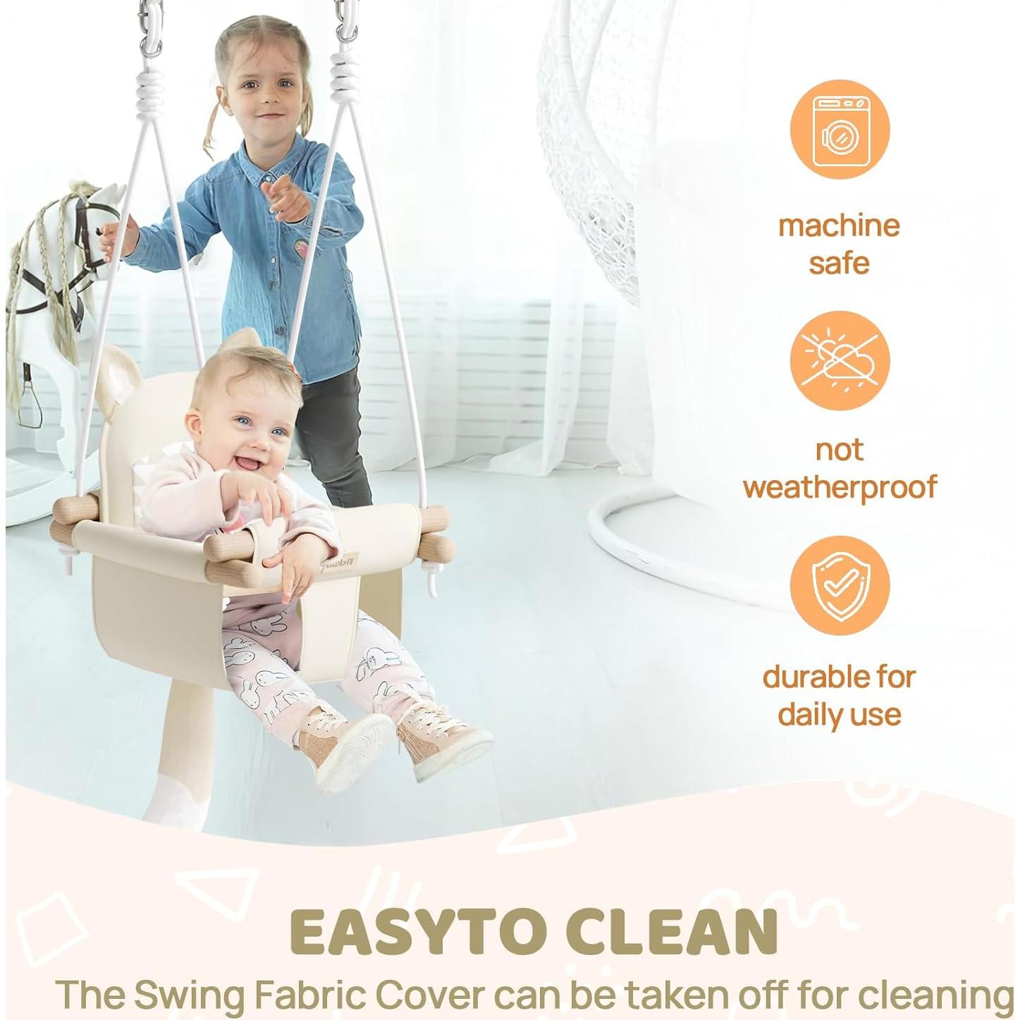 Columpio de Bebé de Madera Beige con Cinturón de Seguridad