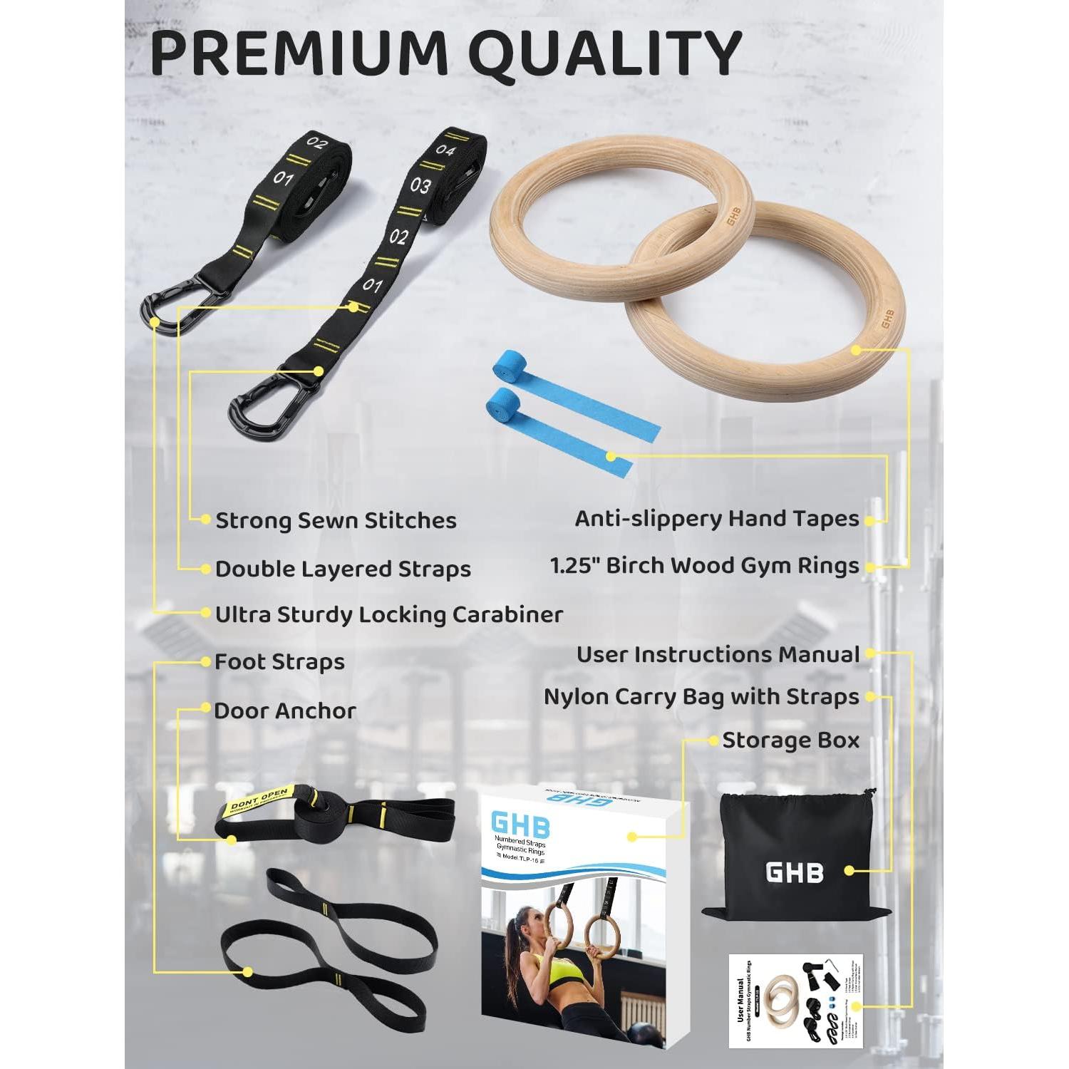 Anillas Gimnásticas de Madera GHB 3.18 cm con Correas Numeradas