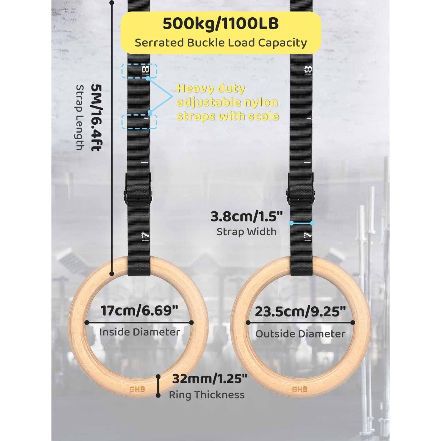 Anillas Gimnásticas de Madera GHB 3.18 cm con Correas Numeradas