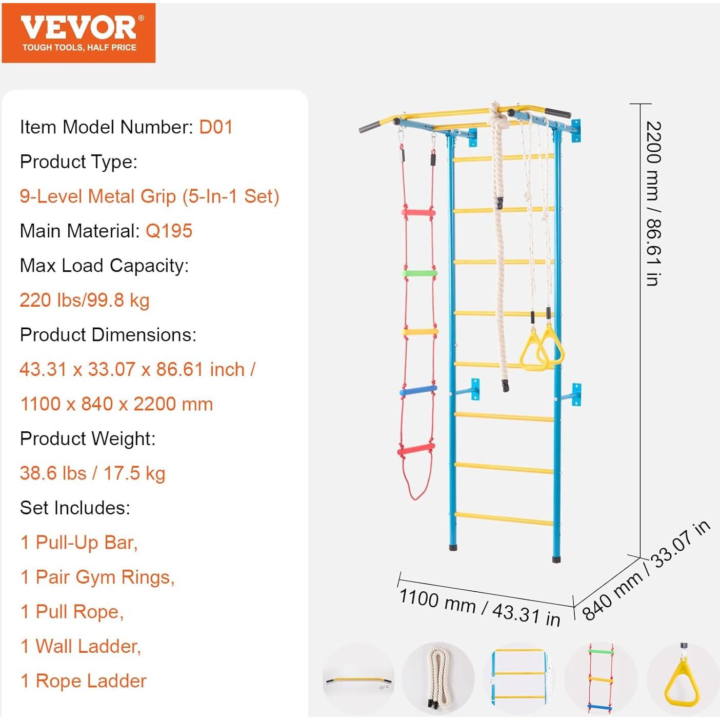 Gimnasio Interior VEVOR 5-en-1 para Niños, Escalera y Anillos