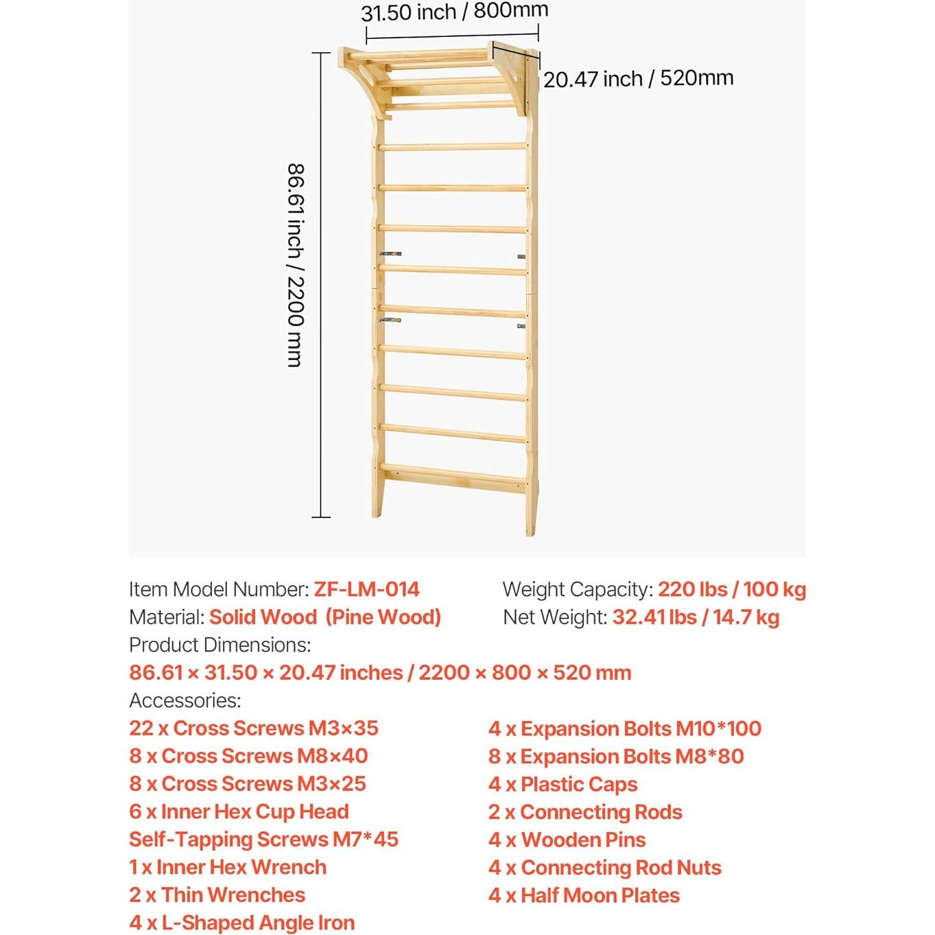 Gimnasio de Pared VEVOR 2-en-1 10 Niveles Madera 99.79 kg