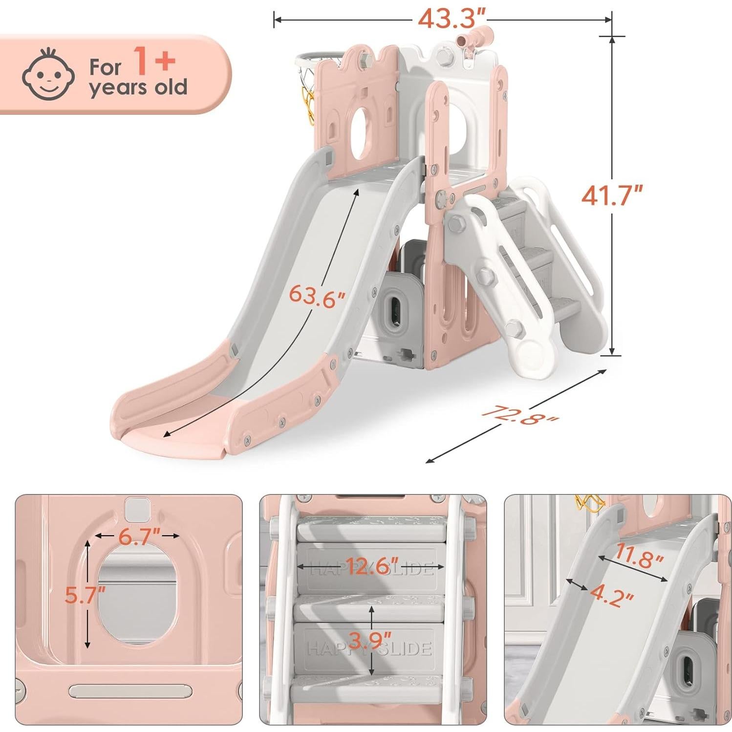 Tobogán 7 en 1 BIERUM para Niños 1 a 3 Años Rosa Gris