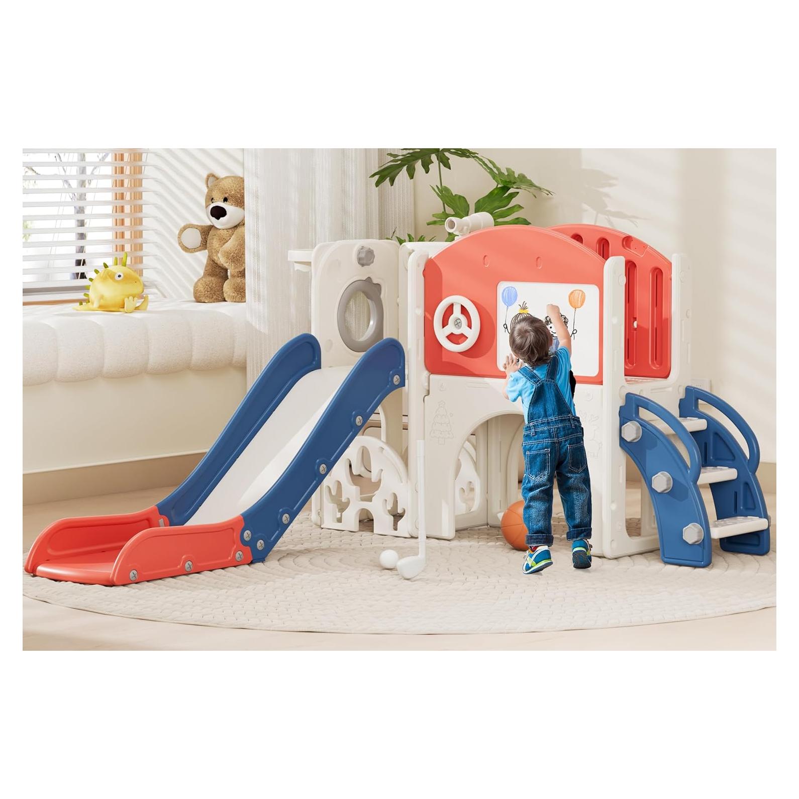 Tobogán Infantil 67i con Pizarra, Golf y Baloncesto - Rojo Azul