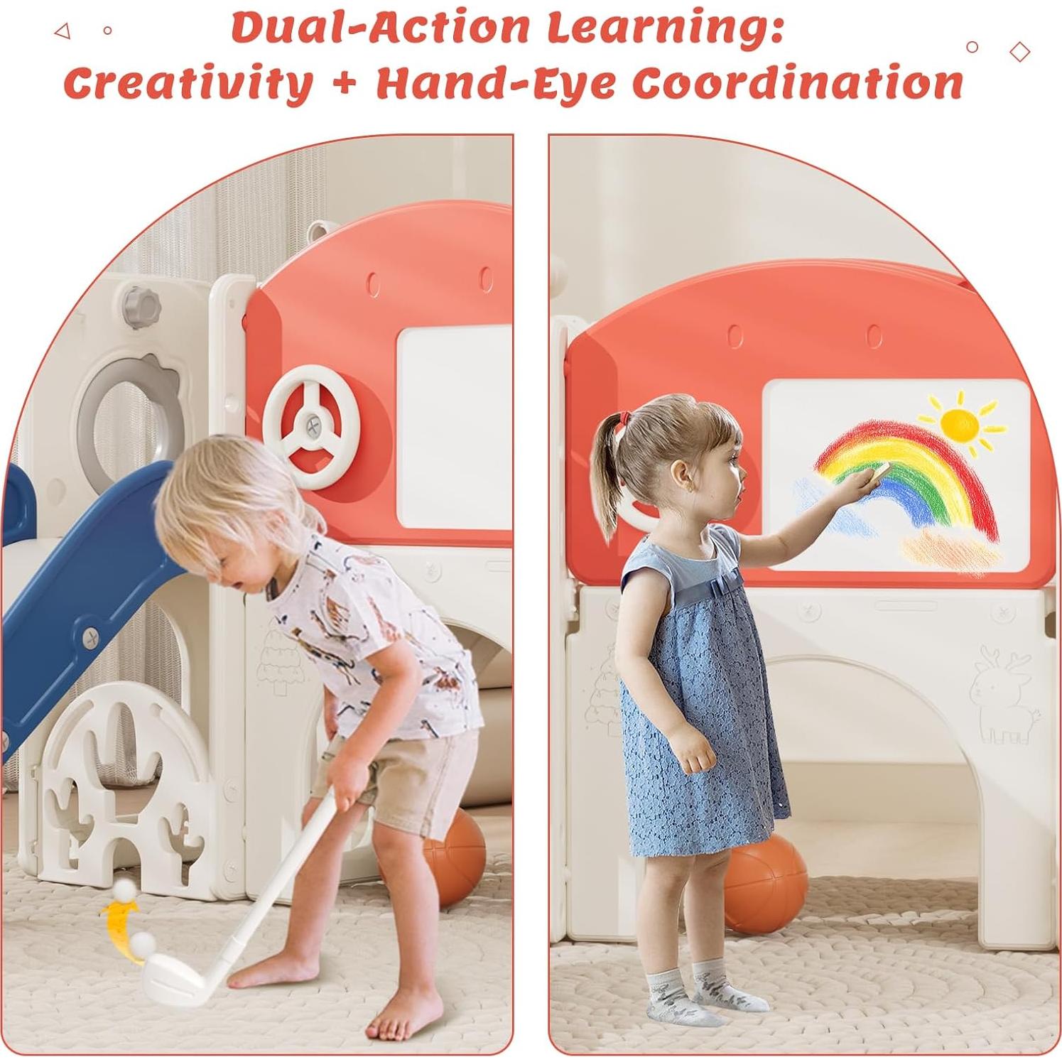 Tobogán Infantil 67i con Pizarra, Golf y Baloncesto - Rojo Azul