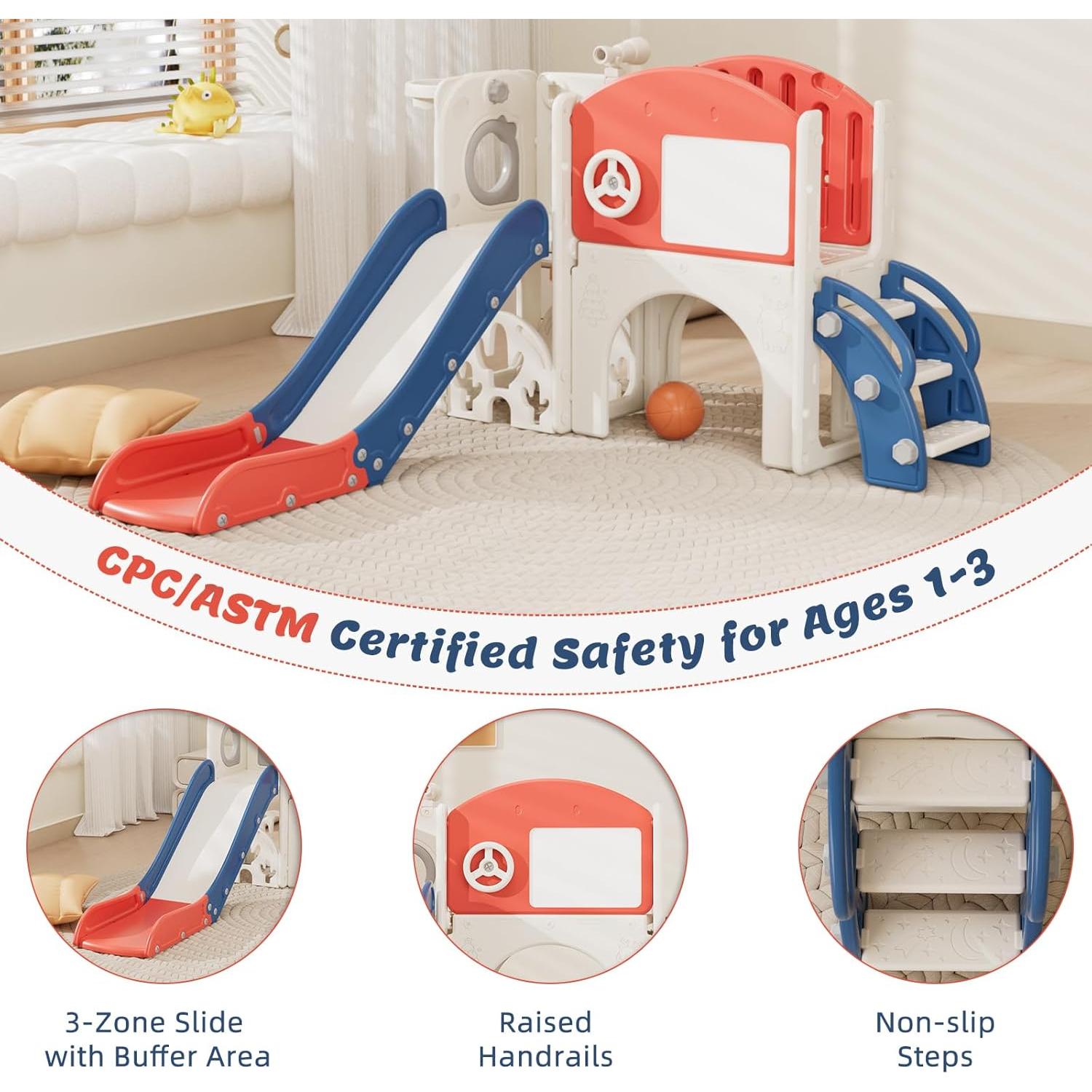 Tobogán Infantil 67i con Pizarra, Golf y Baloncesto - Rojo Azul