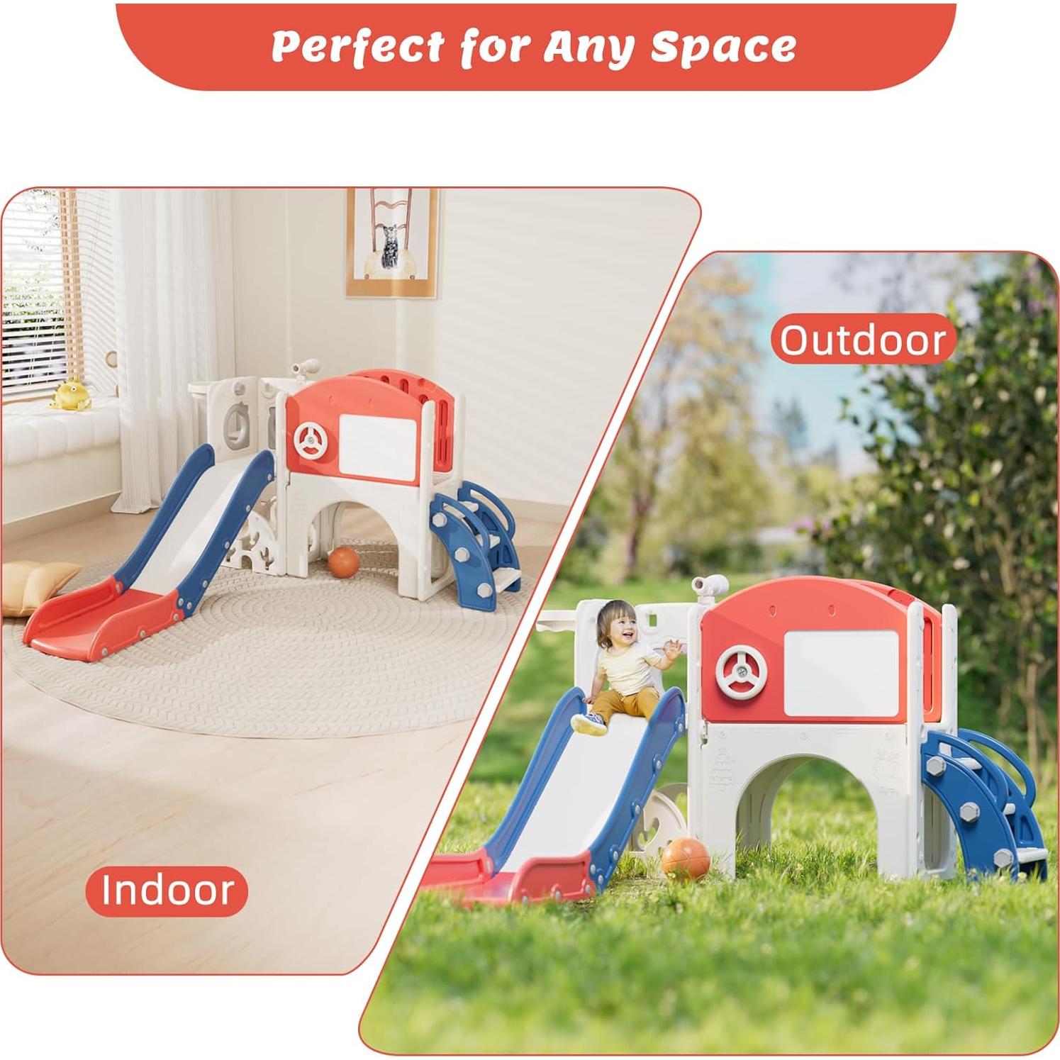 Tobogán Infantil 67i con Pizarra, Golf y Baloncesto - Rojo Azul