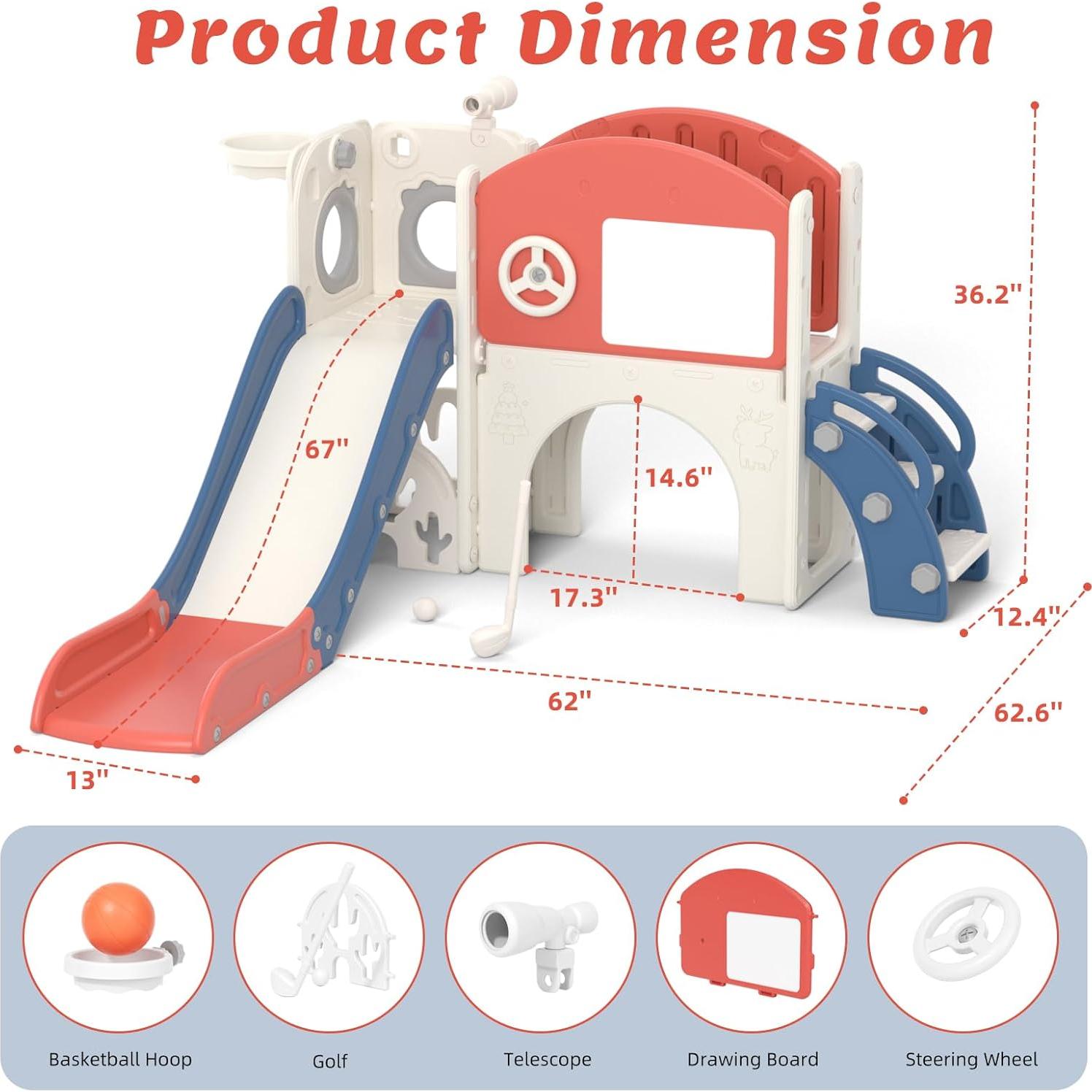 Tobogán Infantil 67i con Pizarra, Golf y Baloncesto - Rojo Azul