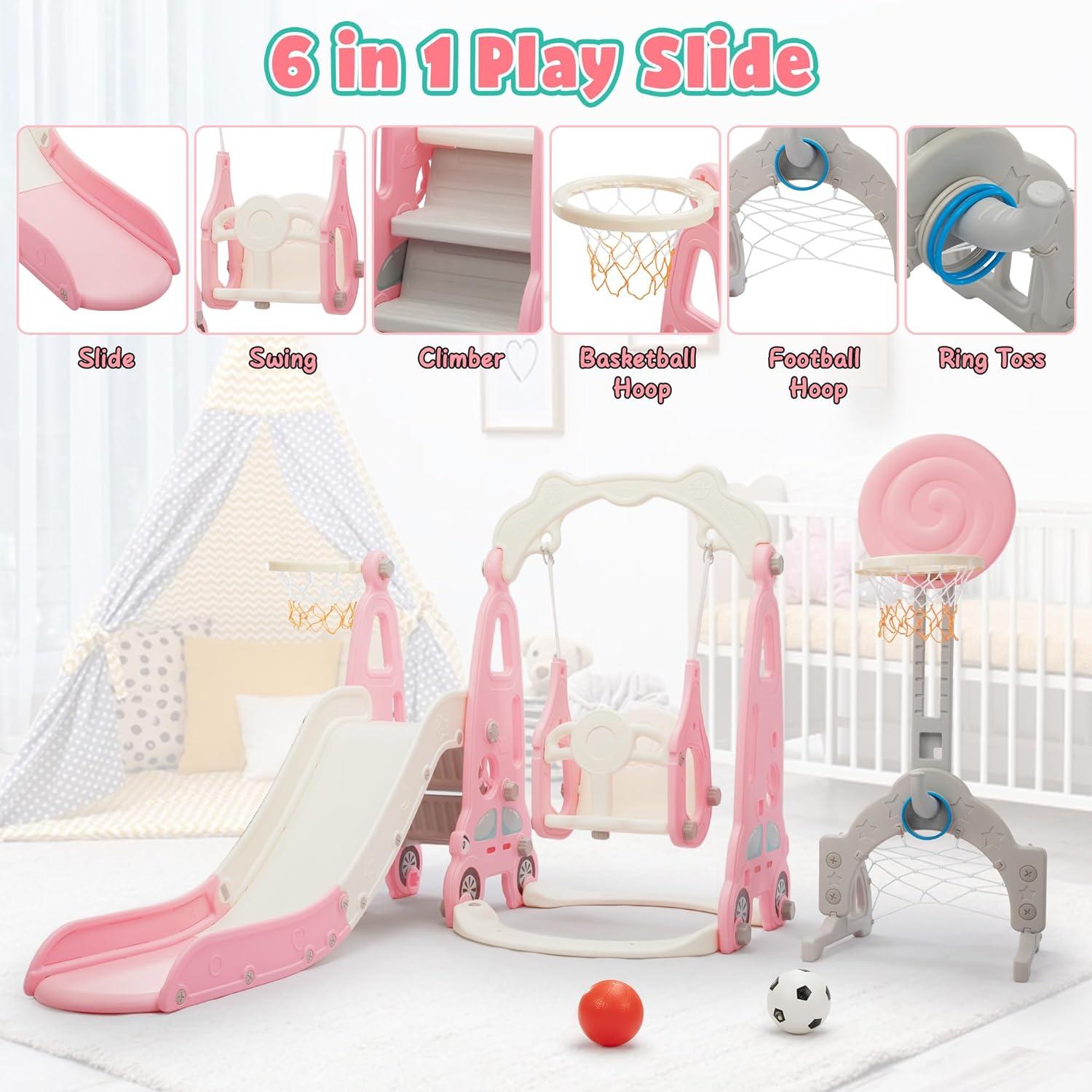 Parque Infantil 6 en 1 Nyeekoy Tobogán y Columpio Rosa