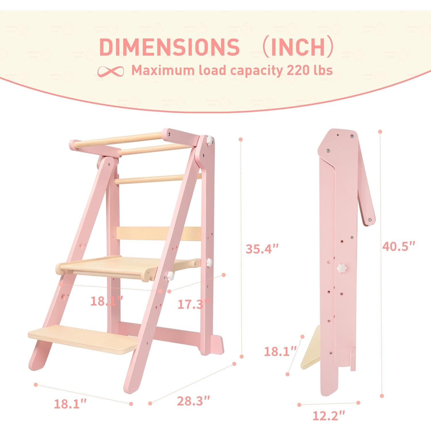 Torre de Aprendizaje Plegable WOOD CITY Rosa Ajustable 3 Alturas