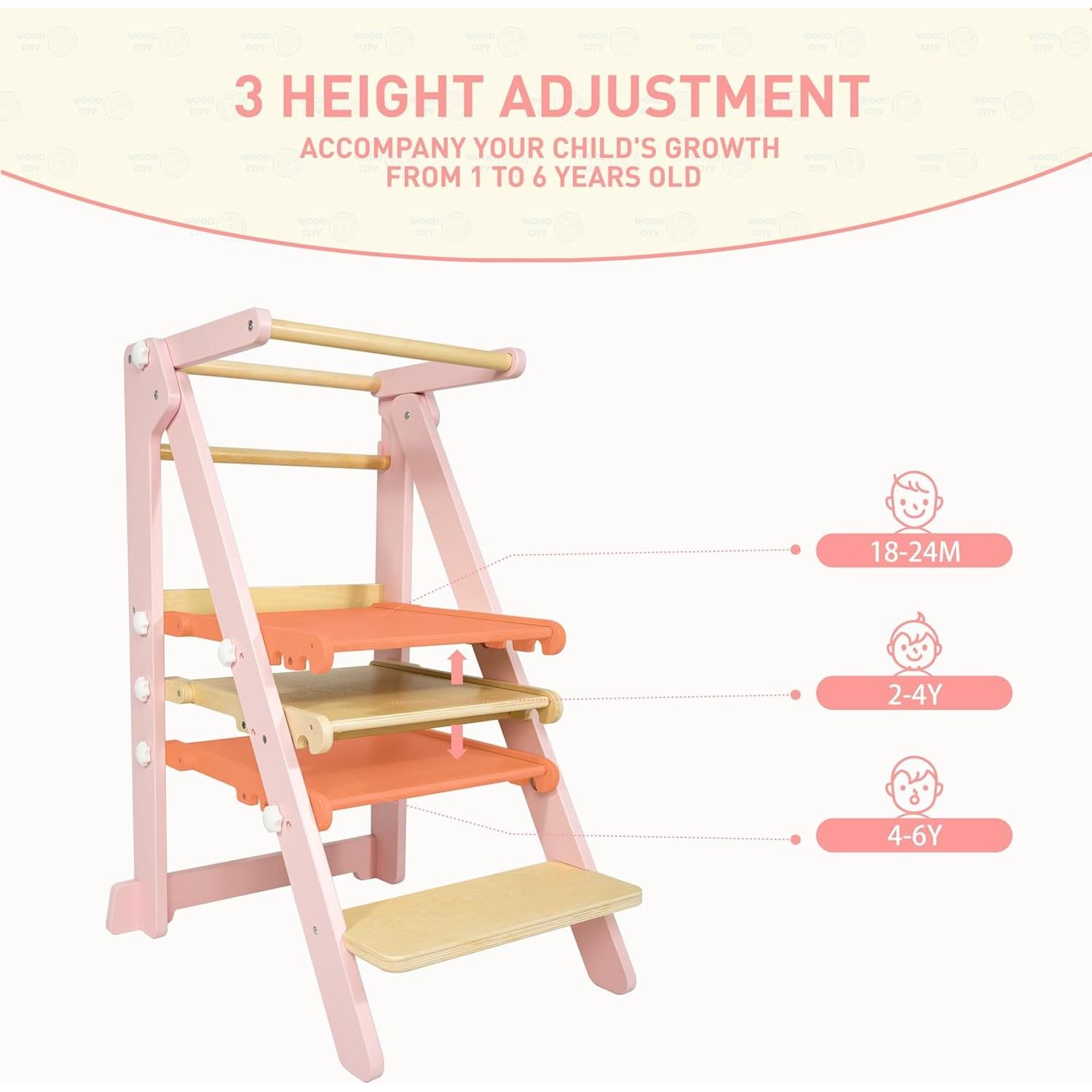 Torre de Aprendizaje Plegable WOOD CITY Rosa Ajustable 3 Alturas