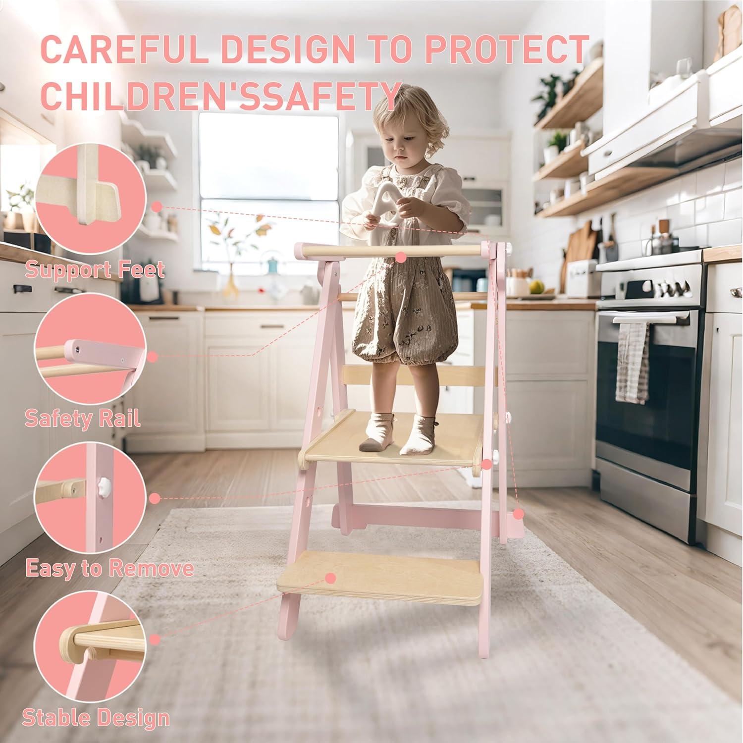 Torre de Aprendizaje Plegable WOOD CITY Rosa Ajustable 3 Alturas