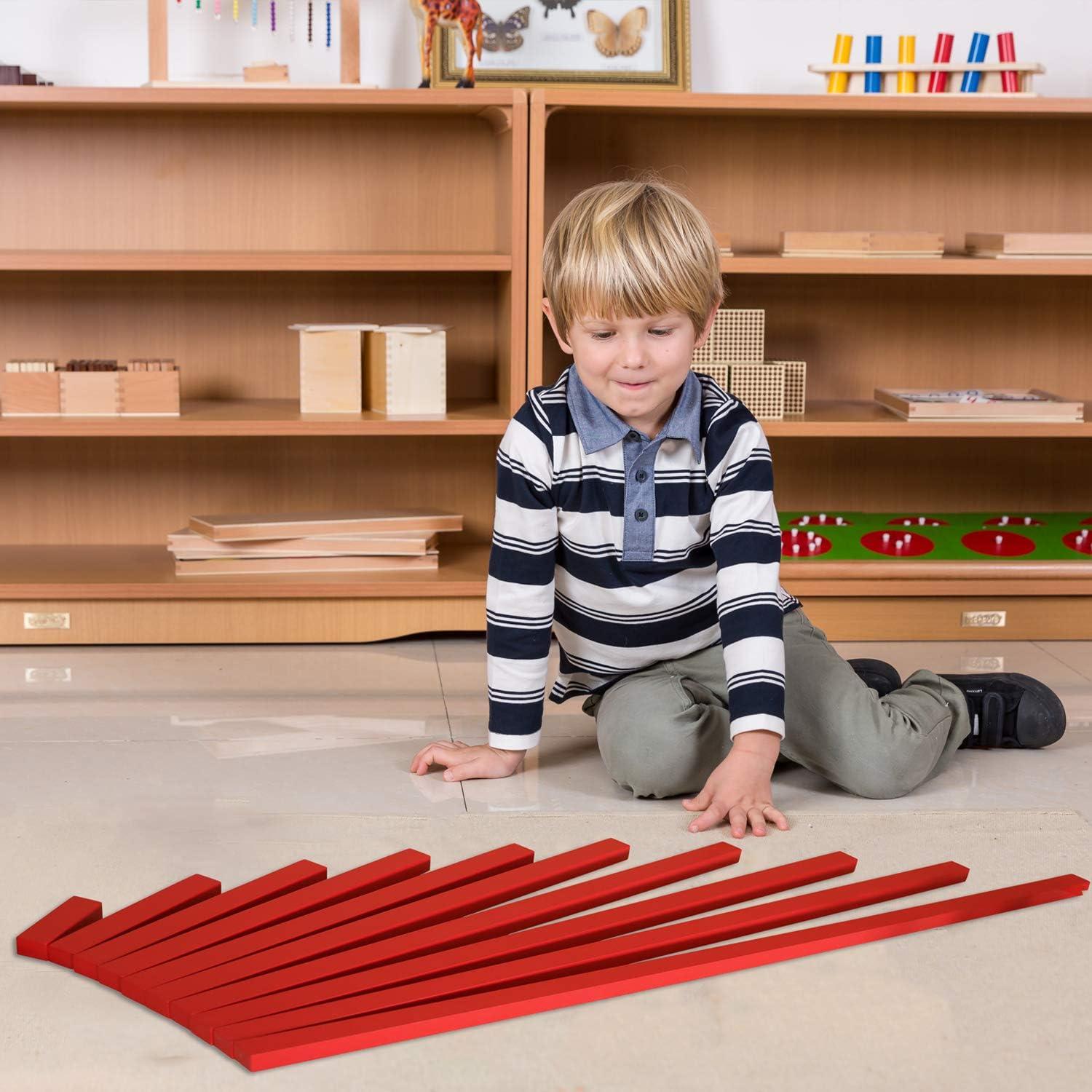 Varas Largas Rojas Montessori - 10 Piezas de Madera 10-100 cm