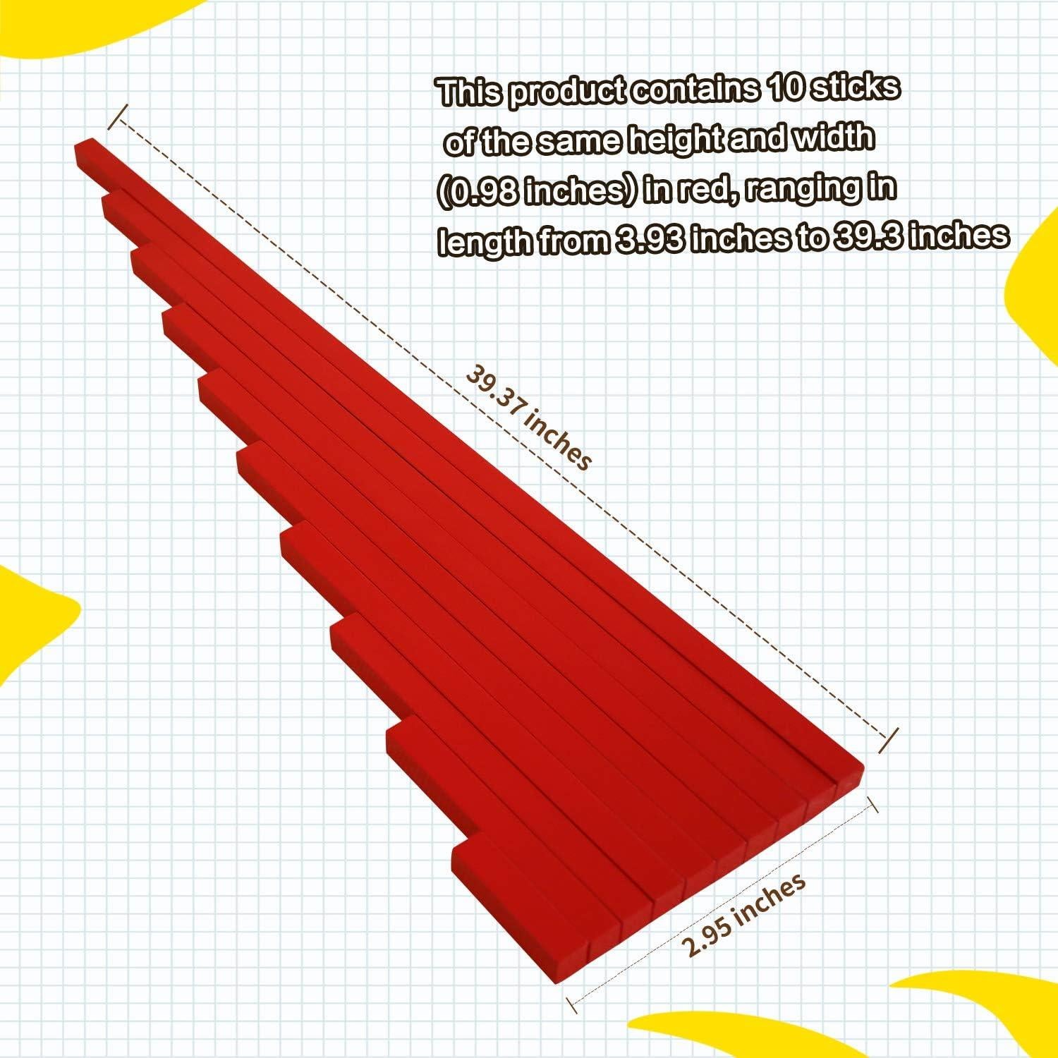 Varas Largas Rojas Montessori - 10 Piezas de Madera 10-100 cm