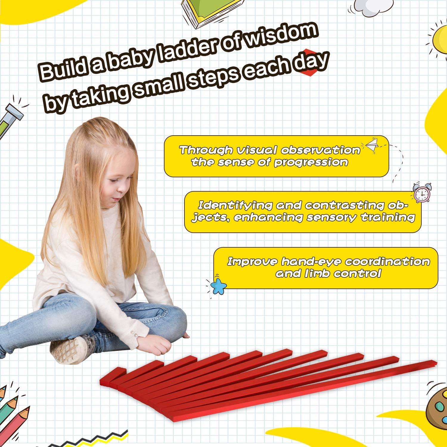 Varas Largas Rojas Montessori - 10 Piezas de Madera 10-100 cm