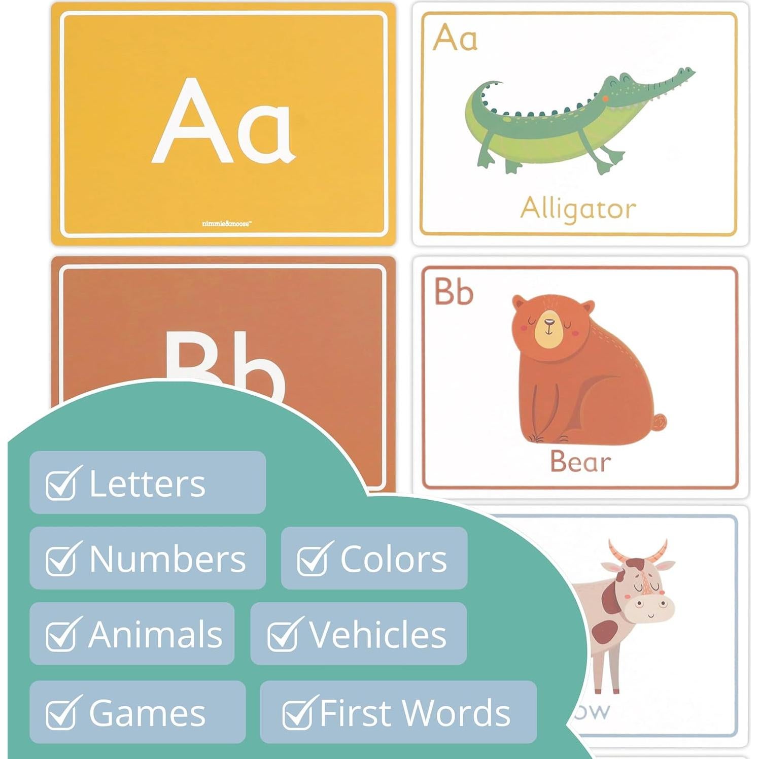 Tarjetas de Flash Nimmie & Moose para Niños 1-3 Años - Aprender Letras, Números y Colores