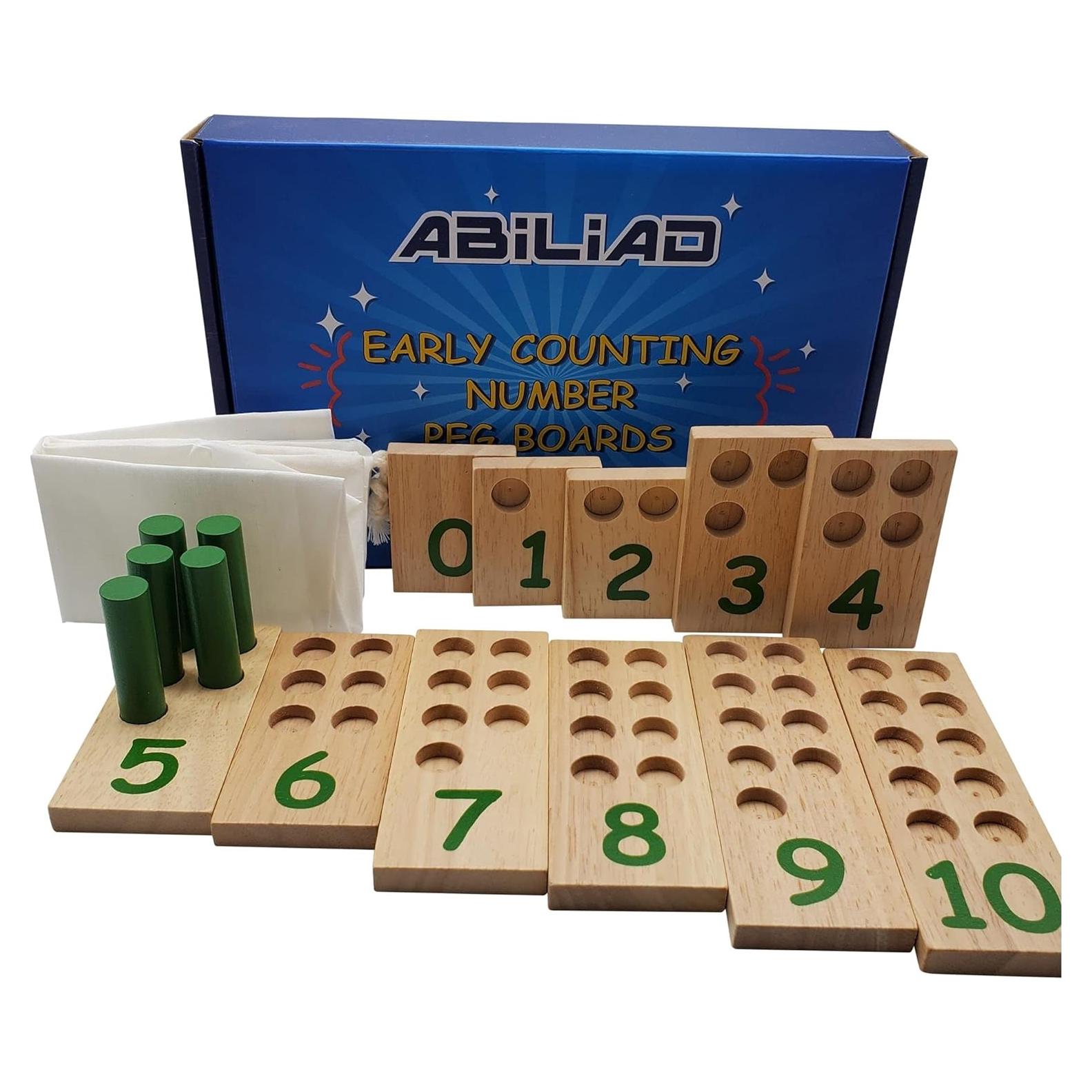 Tablero de Clavijas Numéricas de Madera Montessori - 11 Tableros y 57 Clavijas