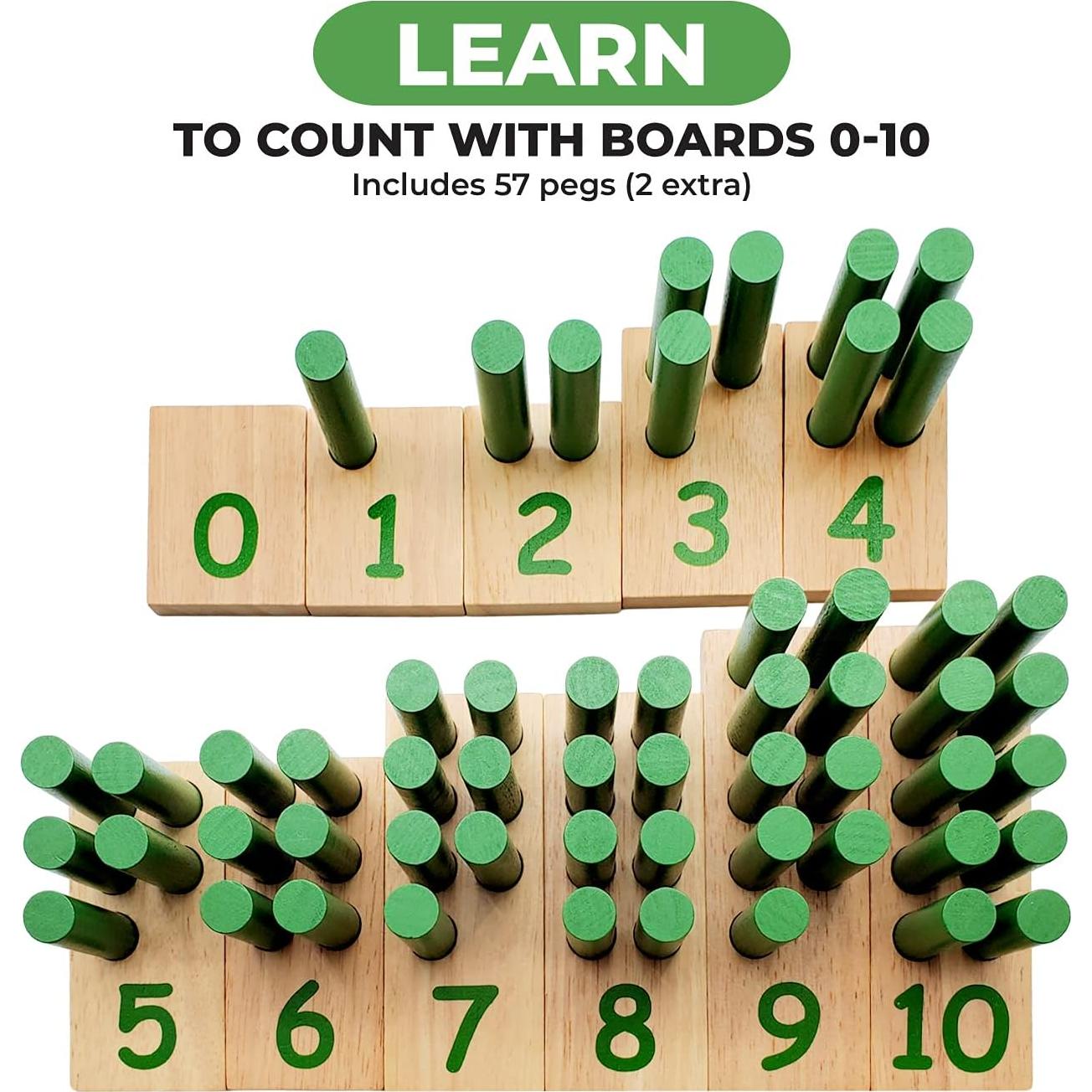 Tablero de Clavijas Numéricas de Madera Montessori - 11 Tableros y 57 Clavijas
