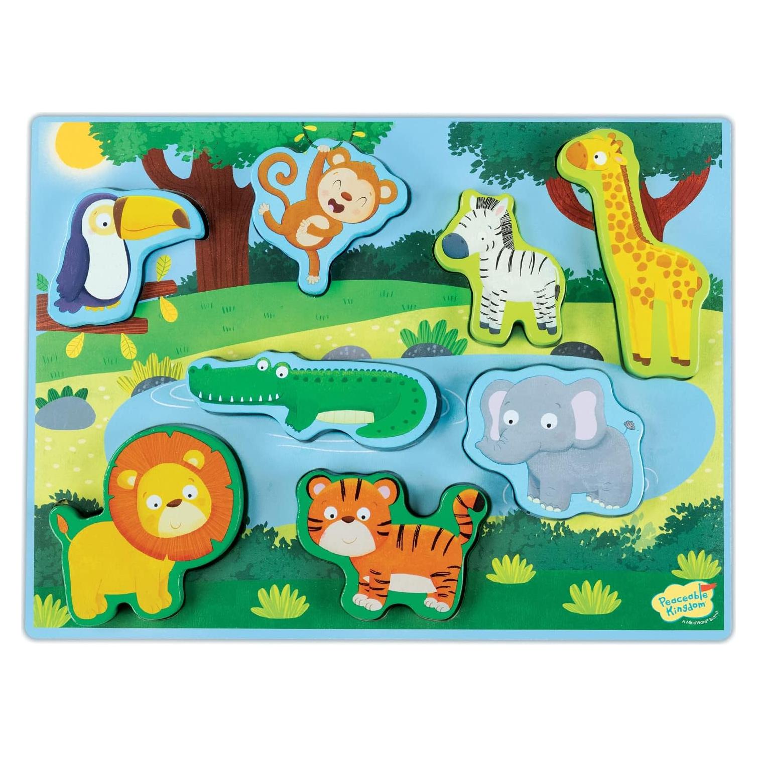 Peaceable Kingdom My First Wooden Puzzle, Two Activities in One for Active Toddlers, Jungle Animals