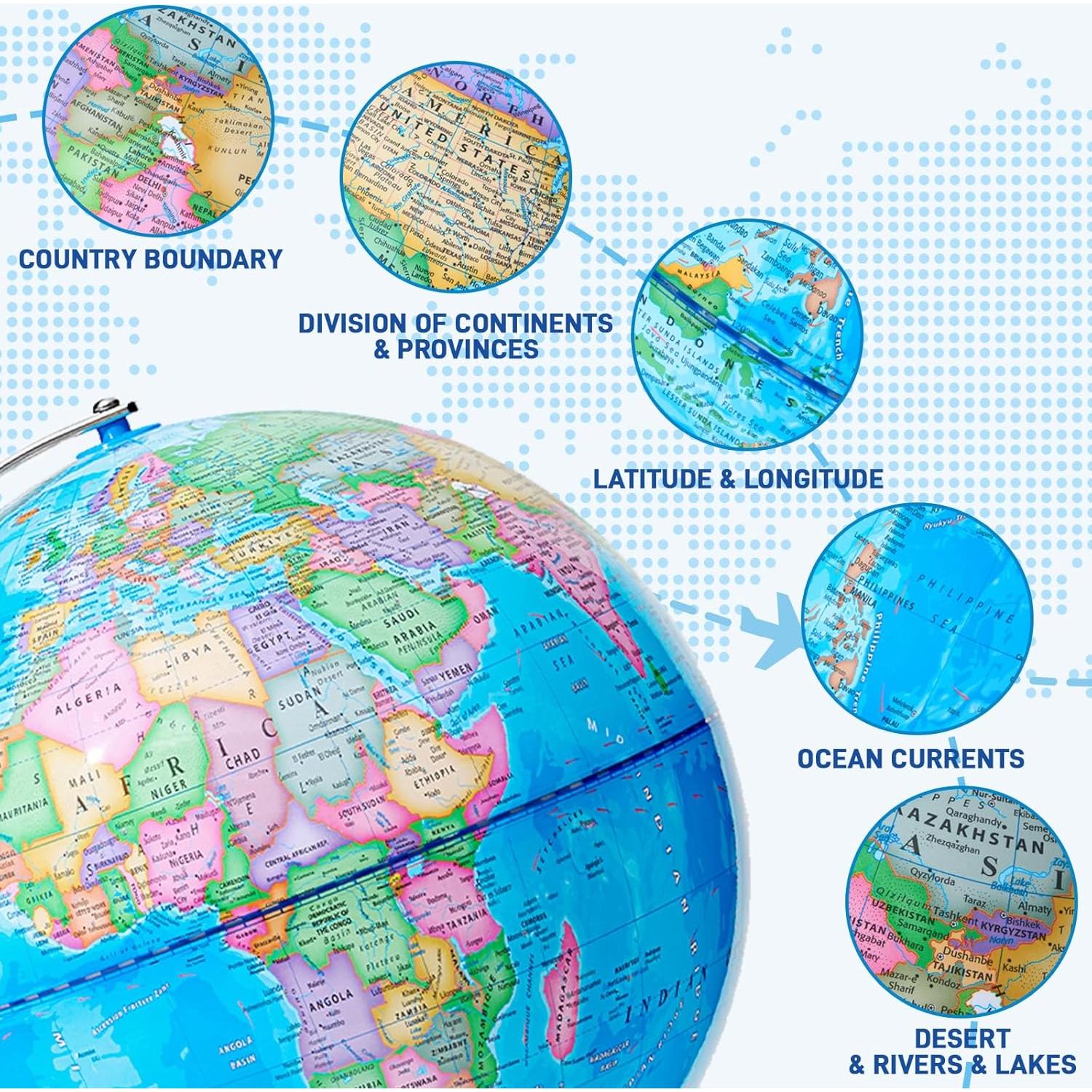 Globo Terráqueo 33 cm BSHAPPLUS con Base de Metal Estable