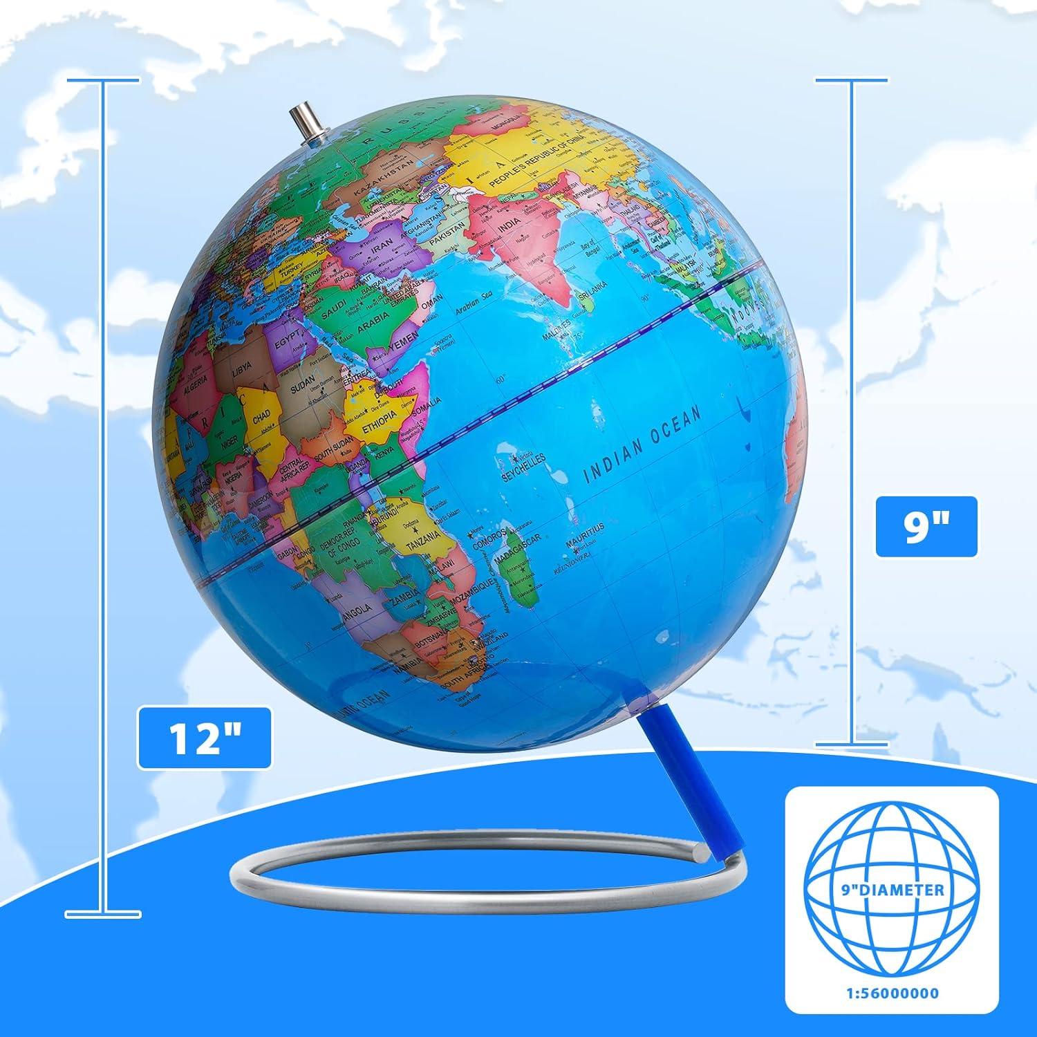 Globo Terráqueo Educativo 22.86 cm BSHAPPLUS con Base de Metal