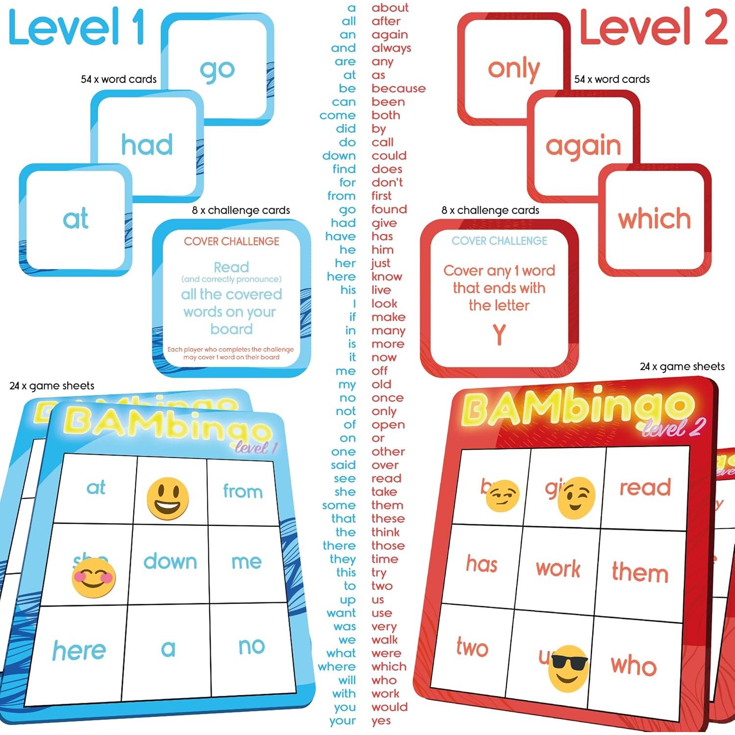 Juego de Bingo de Palabras de Vista Nivel 1 y 2 - BAMBingo