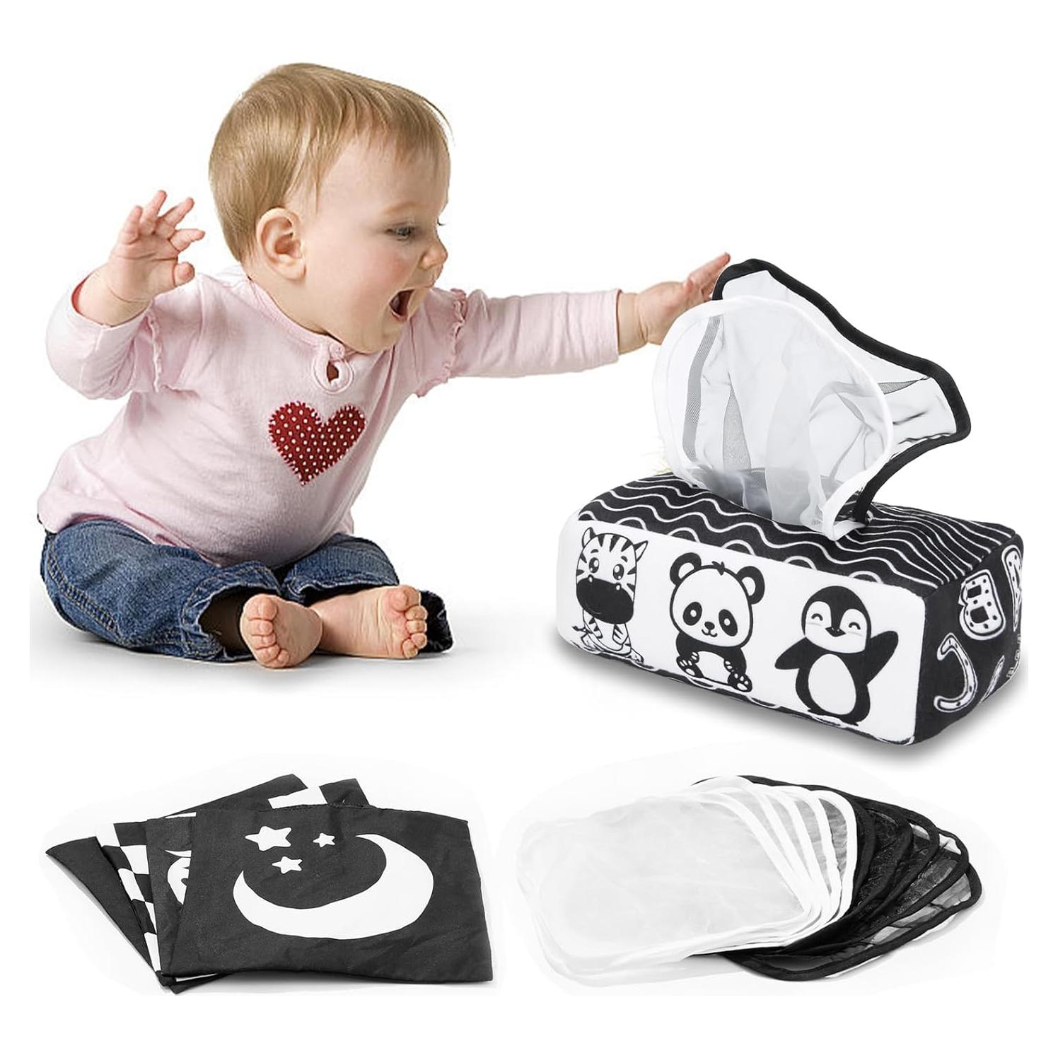 Juguete sensorial Montessori Yeeeasy caja de pañuelos blanco y negro