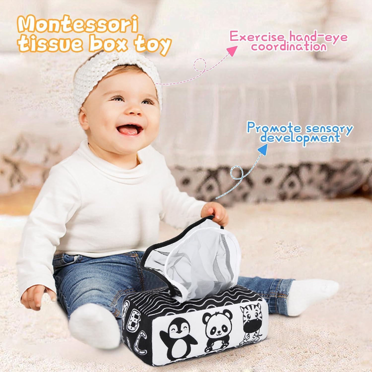 Juguete sensorial Montessori Yeeeasy caja de pañuelos blanco y negro