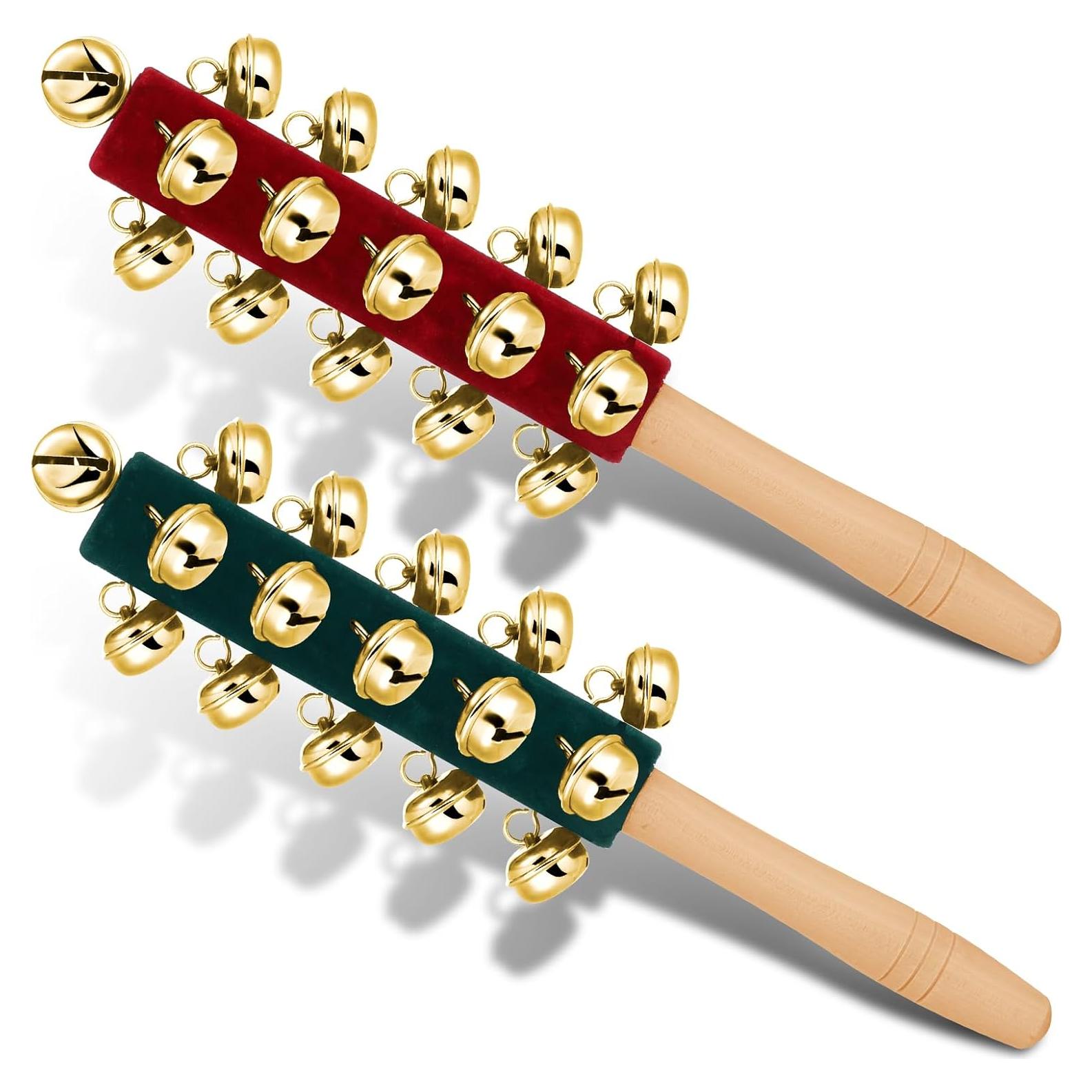 Campanas de Mano de Madera para Navidad - 2 Pcs Rojo Verde