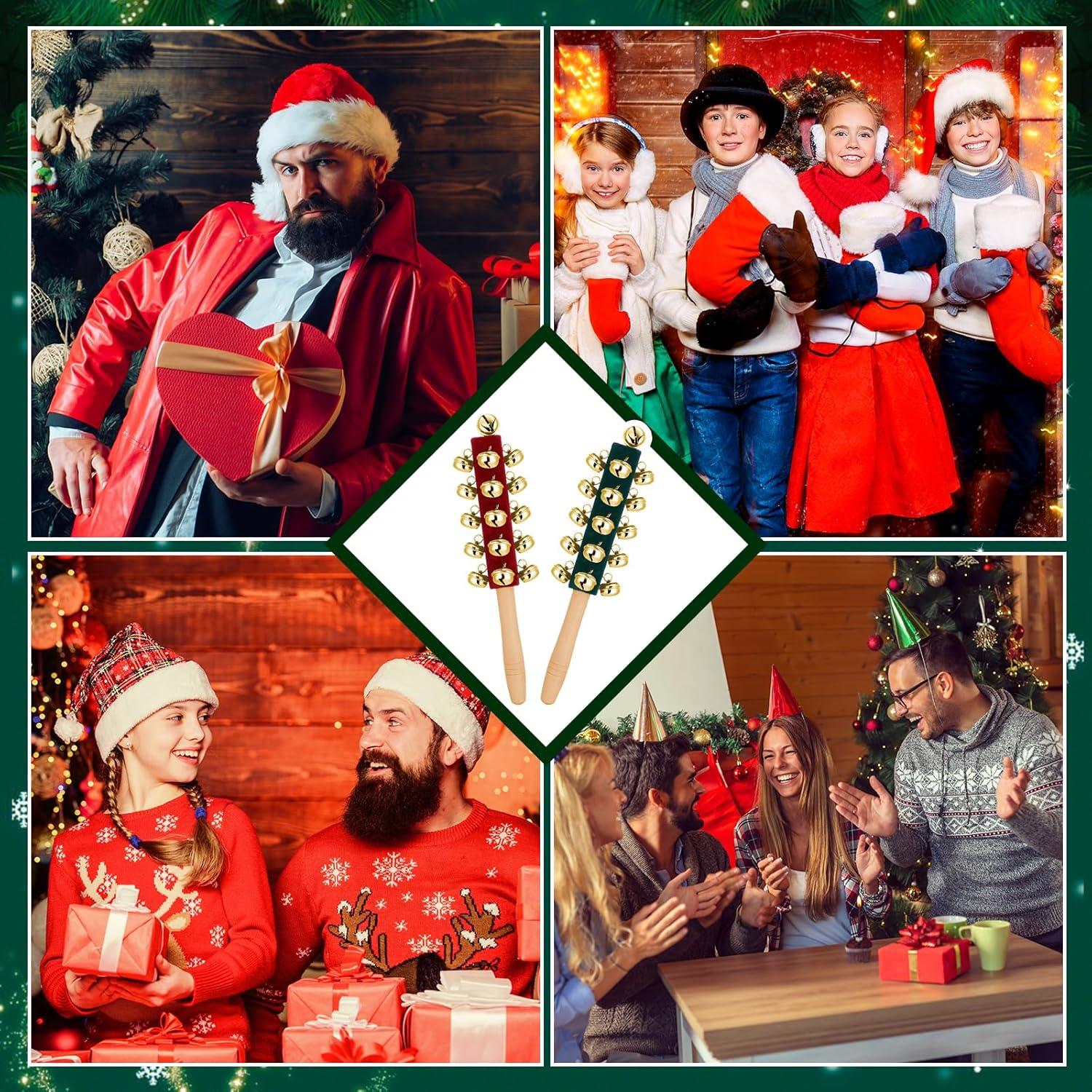 Campanas de Mano de Madera para Navidad - 2 Pcs Rojo Verde