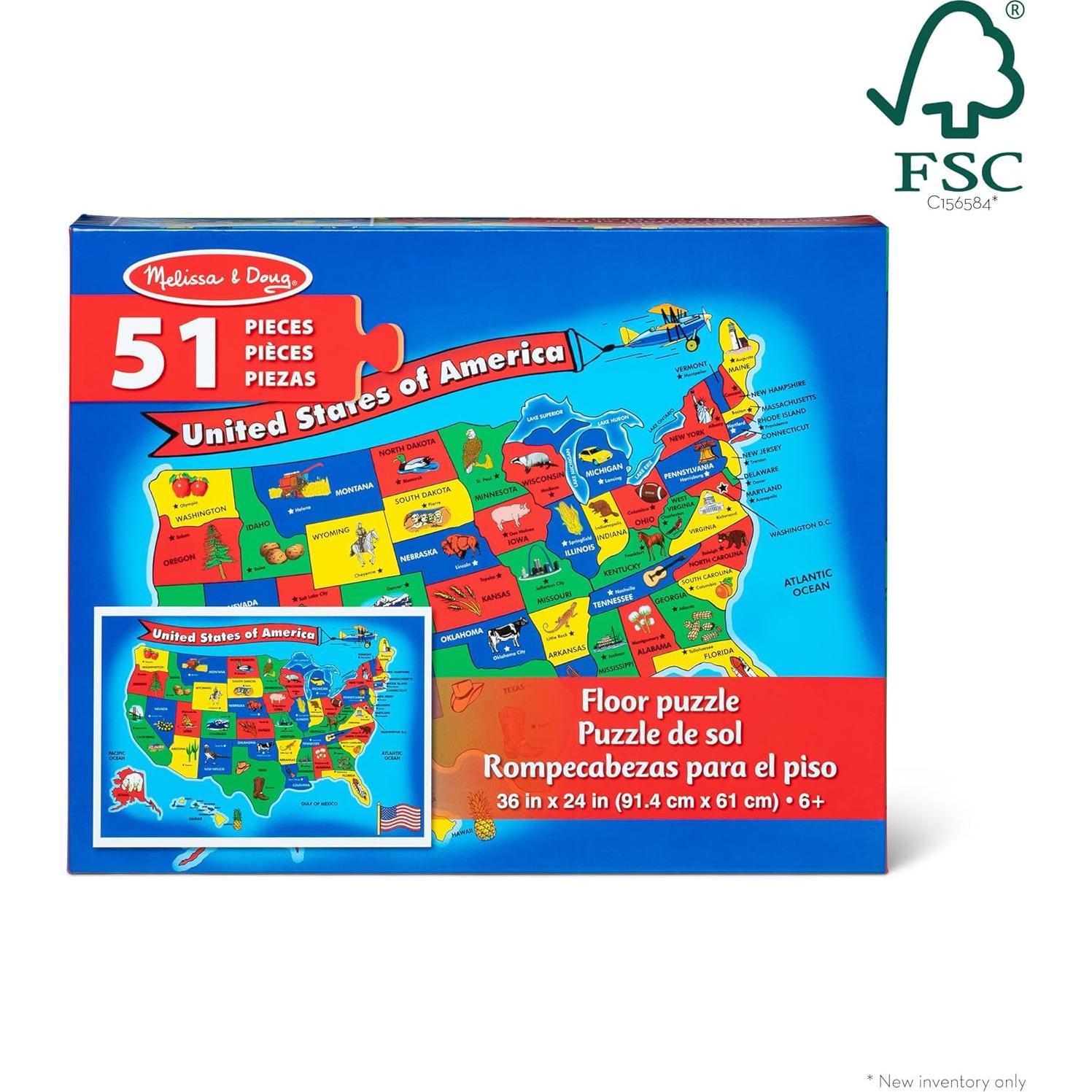 Rompecabezas de Piso Melissa & Doug Mapa EE. UU. 51 Piezas 61x91cm