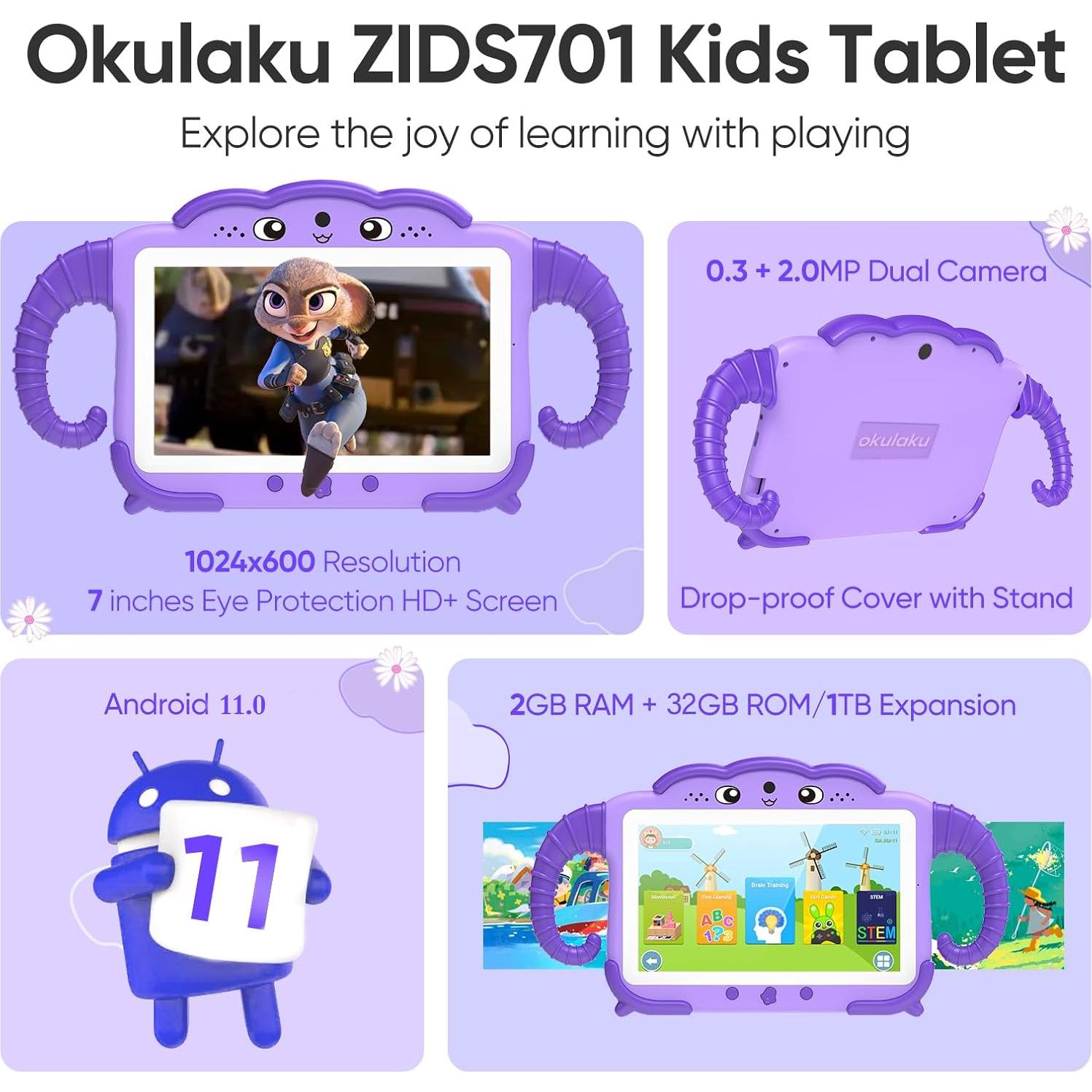 Tableta para Niños Okulaku ZIDS701 7" 32GB Android 11 con Control Parental