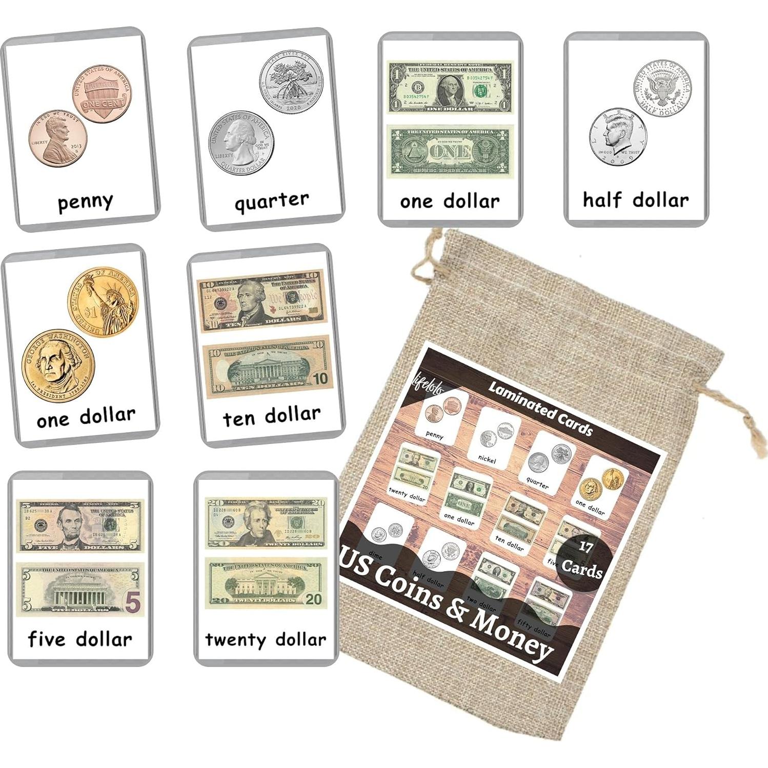 Tarjetas de Dinero Laminadas LifeLoLo - 17 Piezas para Preescolar