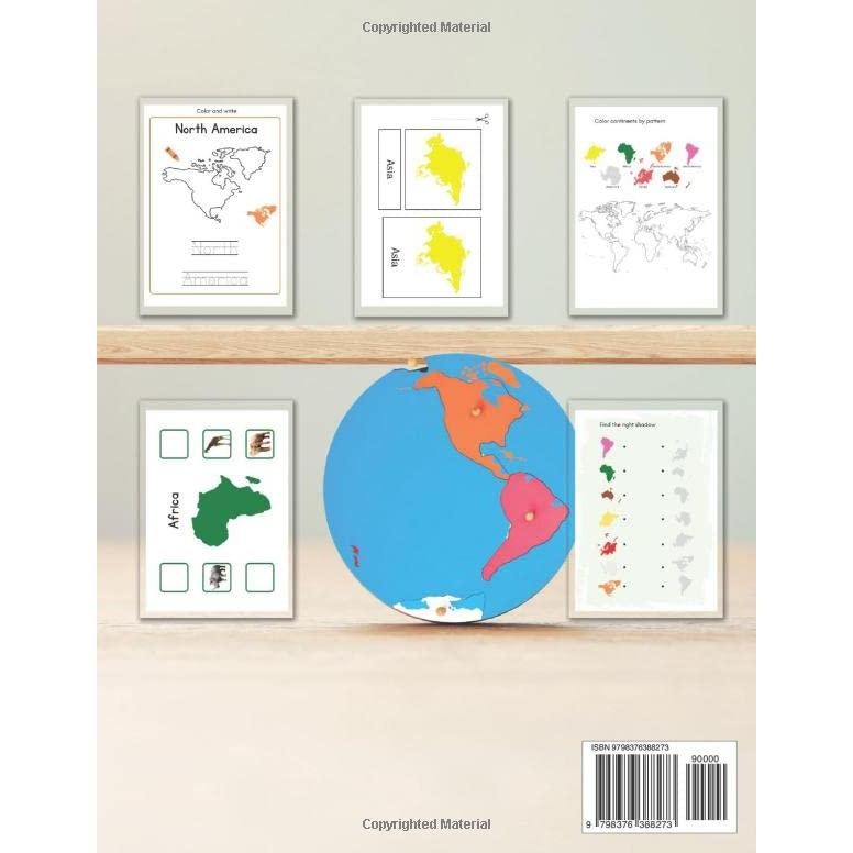 Montessori Workbook geography, 3 part cards, colouring, shadow, writing, continents 3-7