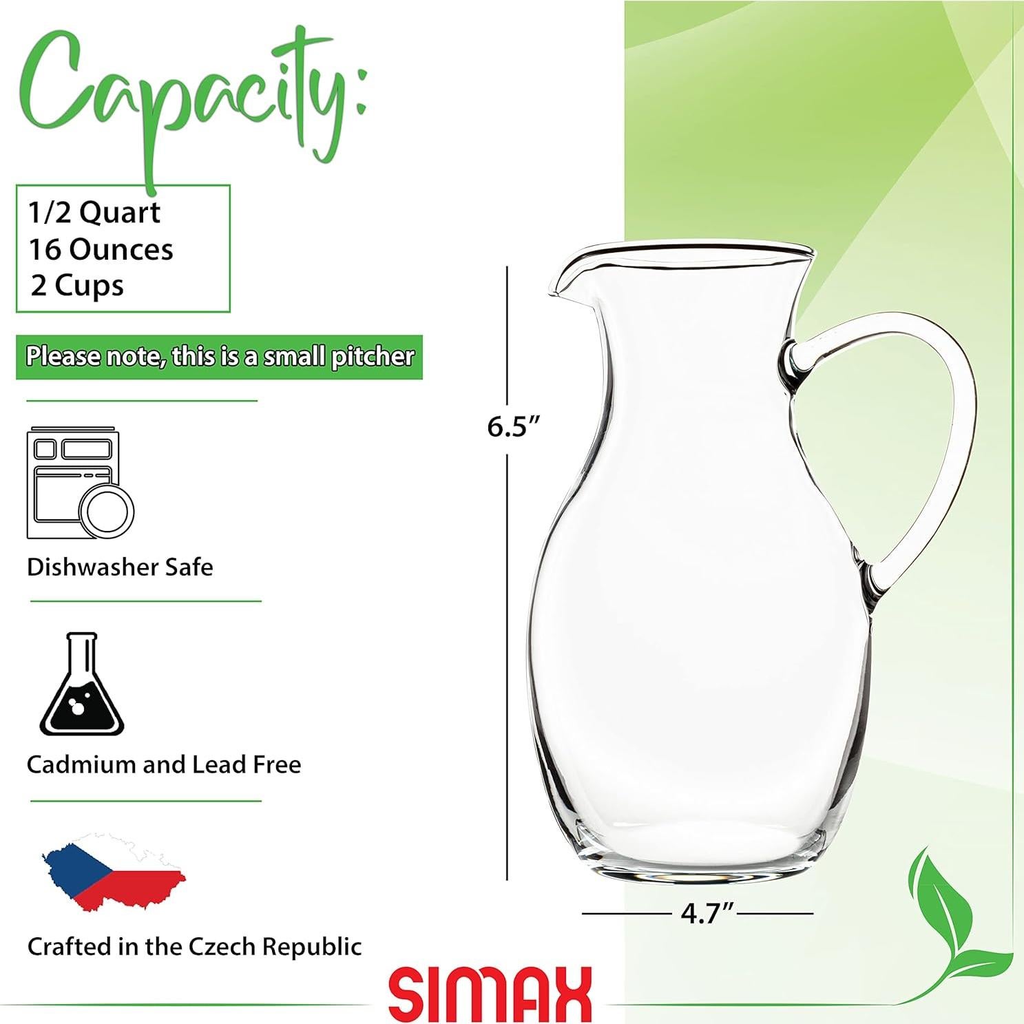 Jarra de vidrio borosilicato Simax 0.47L con asa y pico