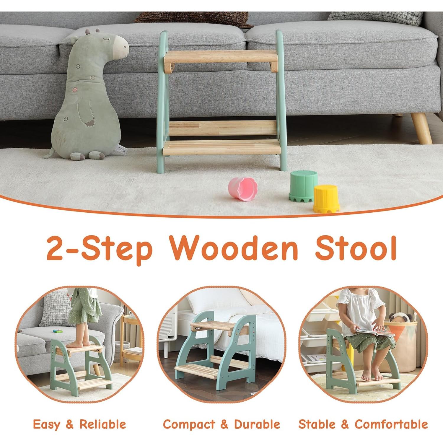 Taburete Ajustable Nuvograin para Niños Verde de Madera