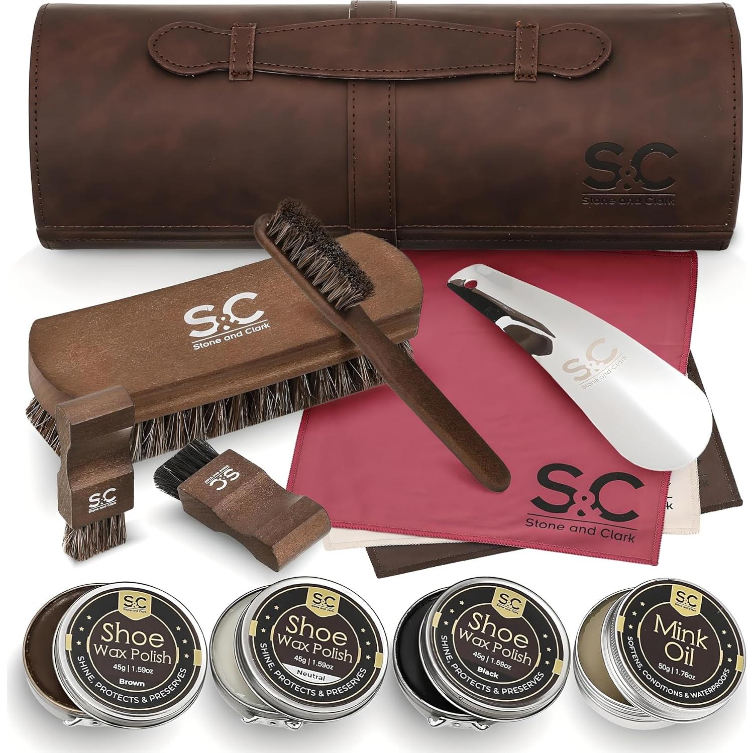 Kit de Cuidado de Cuero Stone and Clark - 13 Piezas y Cepillo Mini